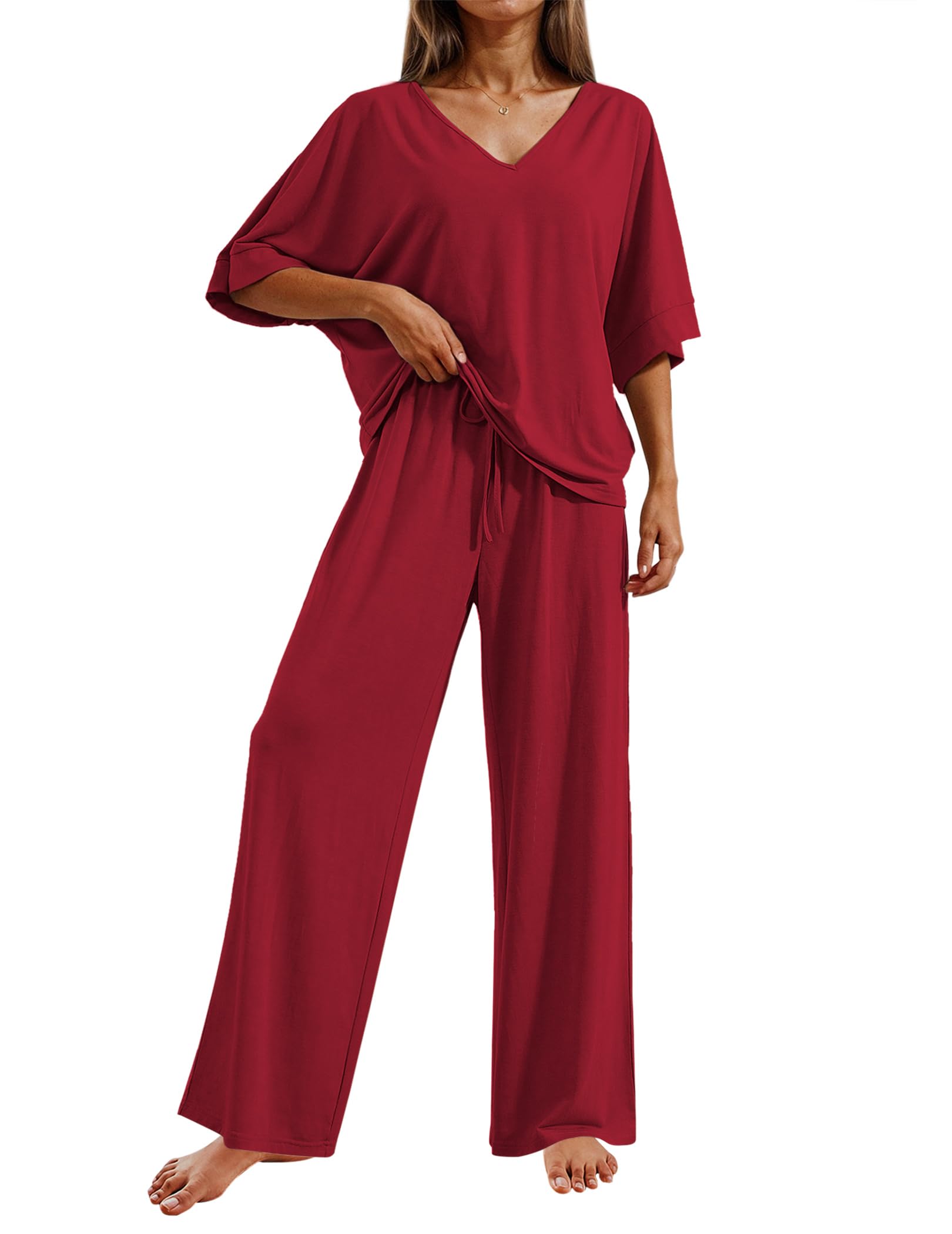 Ekouaer Pajama Sets Womens 2 Piece Short Sleeve Long Pants Pjs Lounge Set