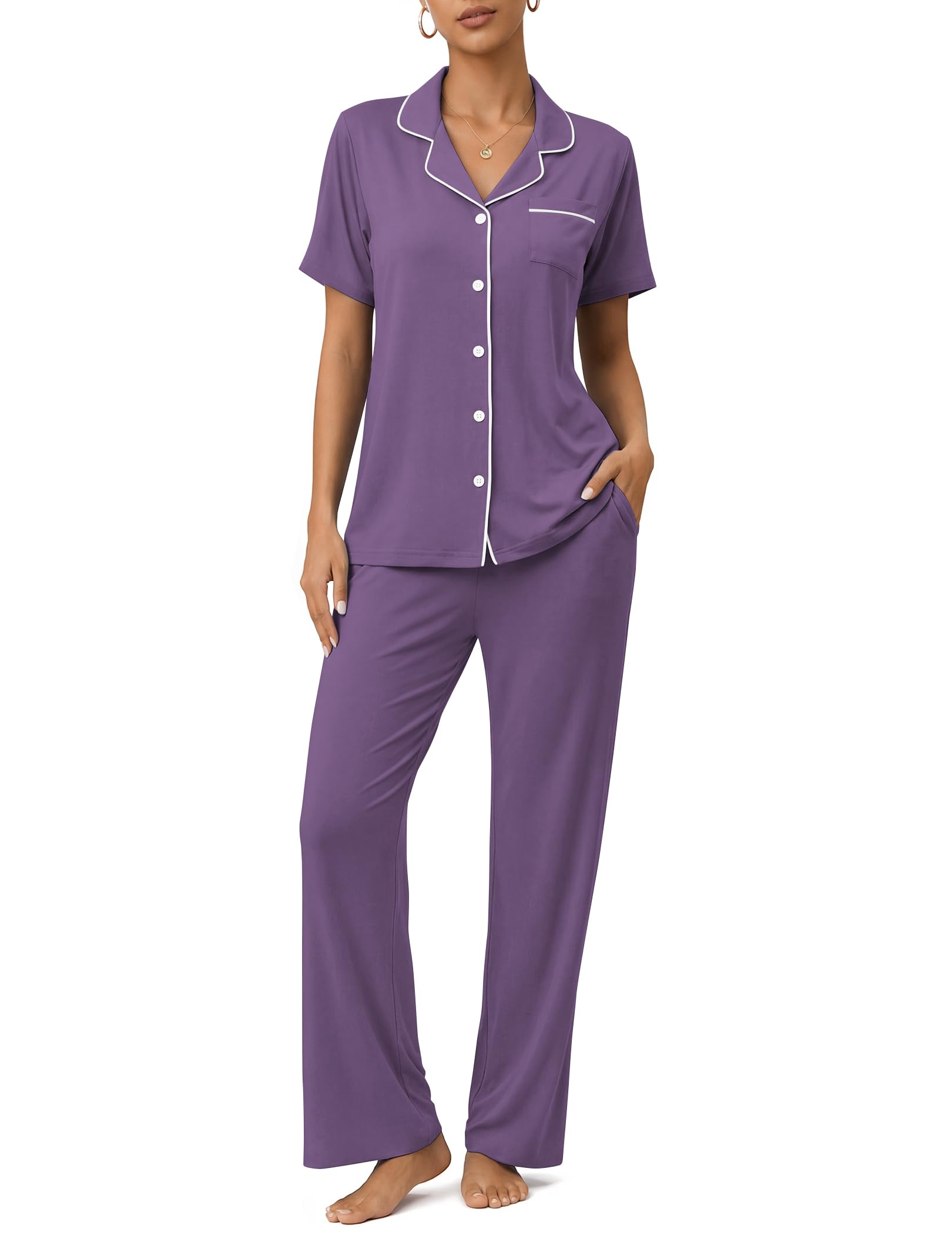 Womens Pajamas Sets 2 Piece Button Up Pj Sets Short Sleeve with Long Pant