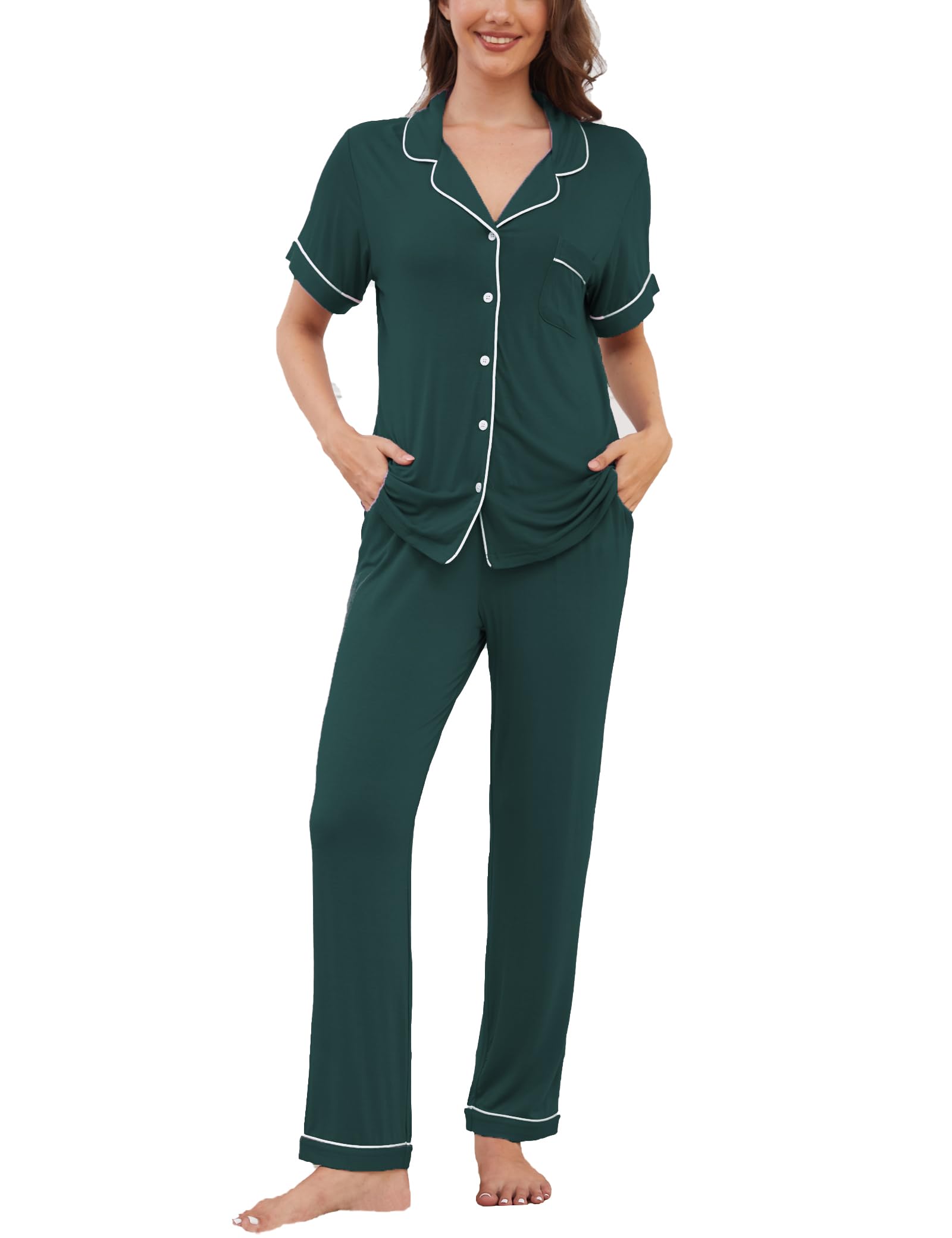 Womens Pajama Set Soft Pjs Short Sleeve Sleepwear with Long Pants 2 Piece Lounge Sets S-XXL
