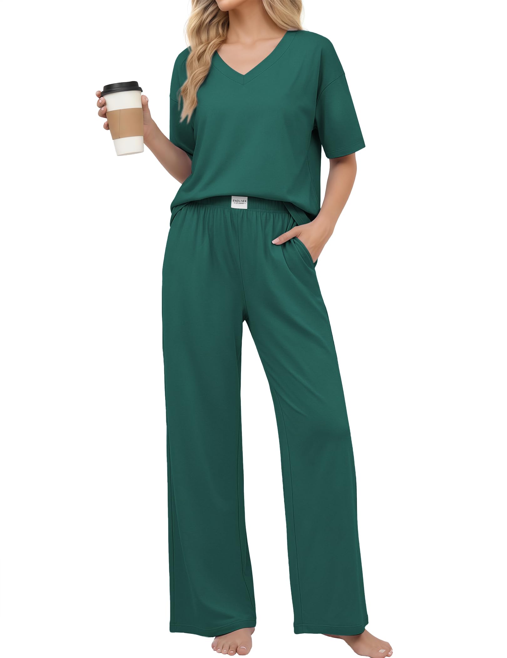 Ekouaer Womens Pajama Sets Cotton Short Sleeve Long Pants Lounge Set
