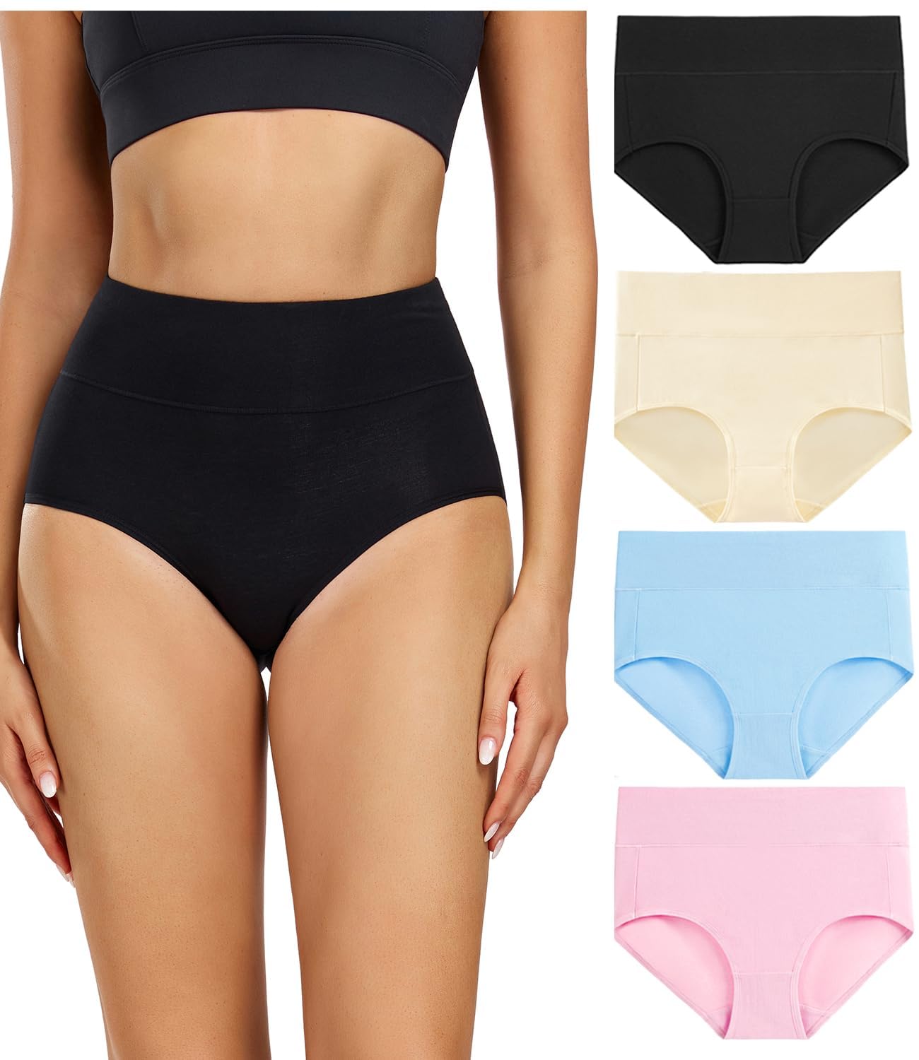 wirarpa Women's Cotton Underwear High Waisted Ladies Panties Full Coverage Briefs 4 Pack (Regular & Plus Size)