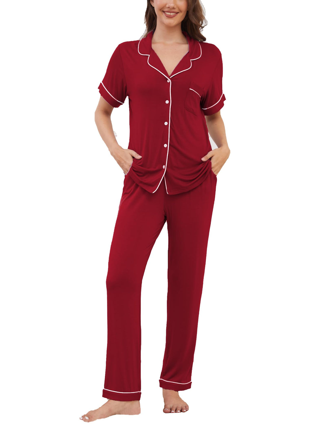Womens Pajama Set Soft Pjs Short Sleeve Sleepwear with Long Pants 2 Piece Lounge Sets S-XXL