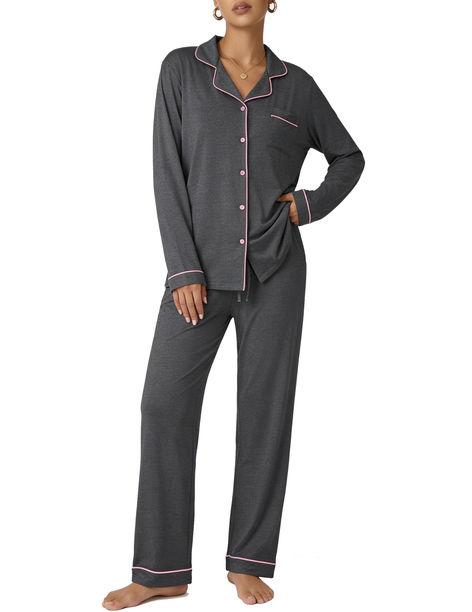 Ekouaer Women's Classic Long Sleeve Button Down Pajama Set