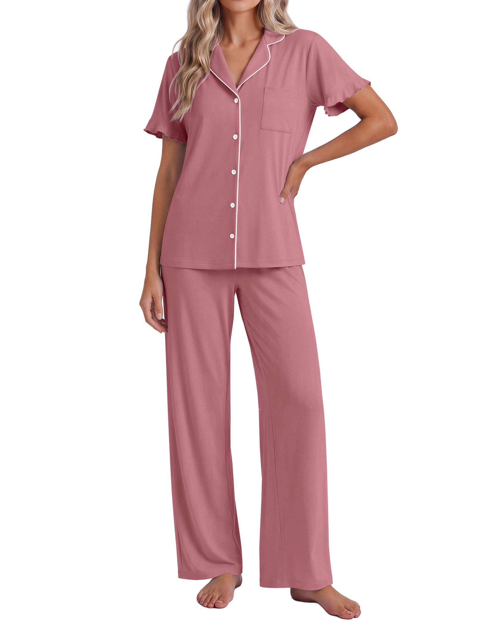 Ekouaer Pajamas for Women Set Button Up Soft Pjs Short Sleeve Lounge Sets