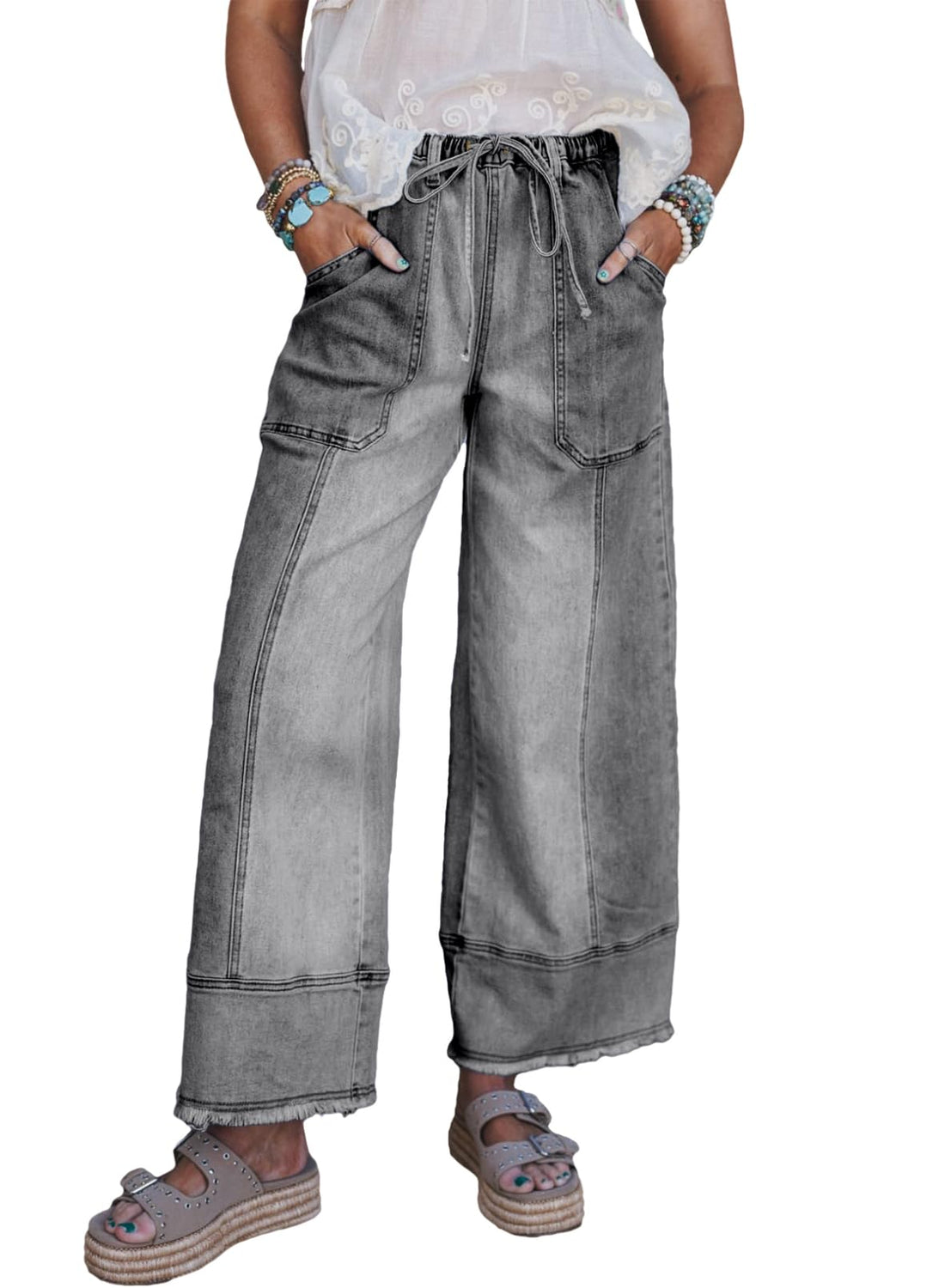 SHEWIN Women's Wide Leg Jeans High Waisted Baggy Jeans Stretchy Drawstring Denim Pants