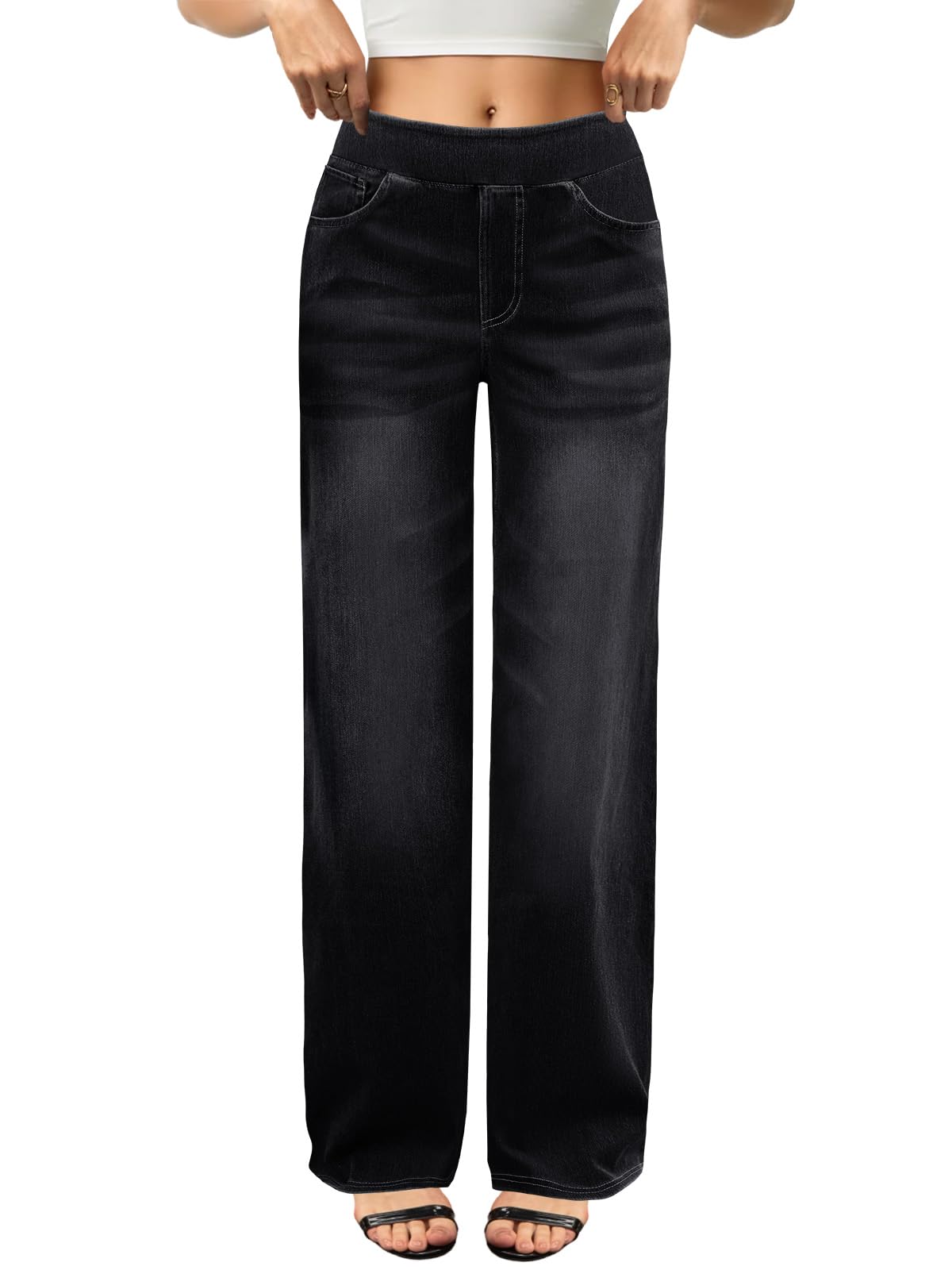 COPYLEAF Wide Leg Jeans Woman High Waisted Stretchy Baggy Sweatpant Jeans Pull On Straight Leg Loose Trendy Denim Pants