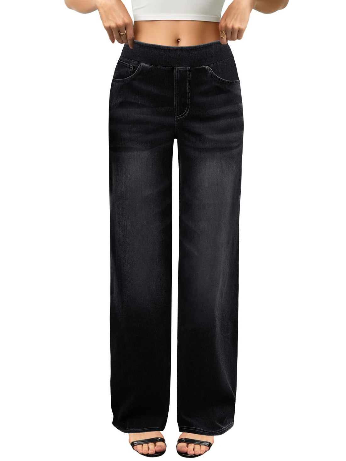 COPYLEAF Wide Leg Jeans Woman High Waisted Stretchy Baggy Sweatpant Jeans Pull On Straight Leg Loose Trendy Denim Pants