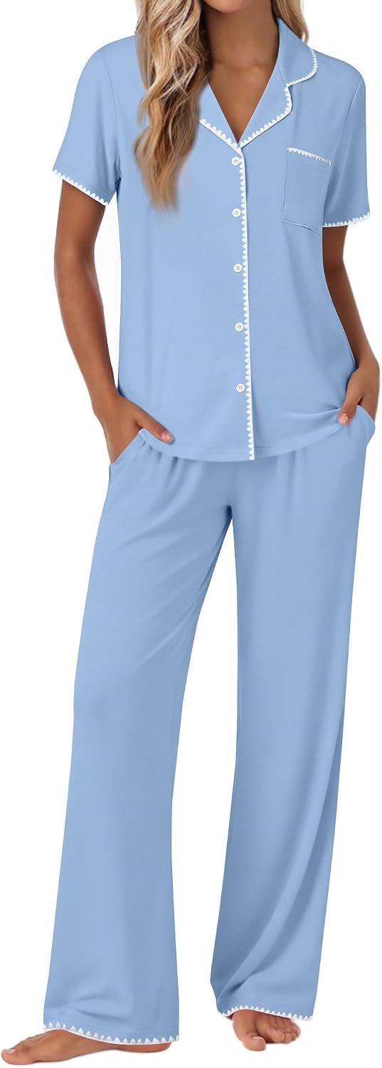Ekouaer Pajamas for Women Set Button Up Soft Pjs Short Sleeve Lounge Sets