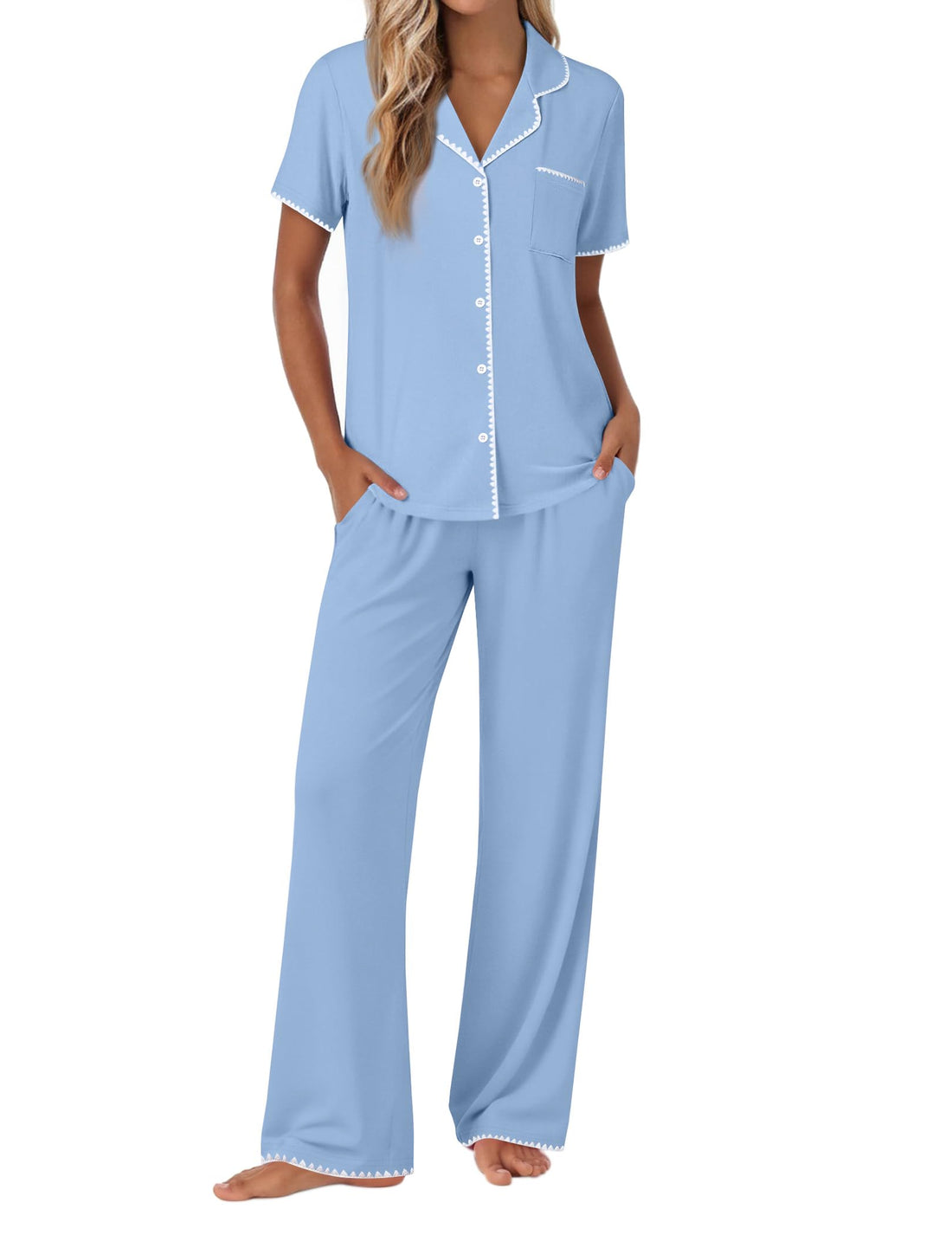 Ekouaer Pajamas for Women Set Button Up Soft Pjs Short Sleeve Lounge Sets
