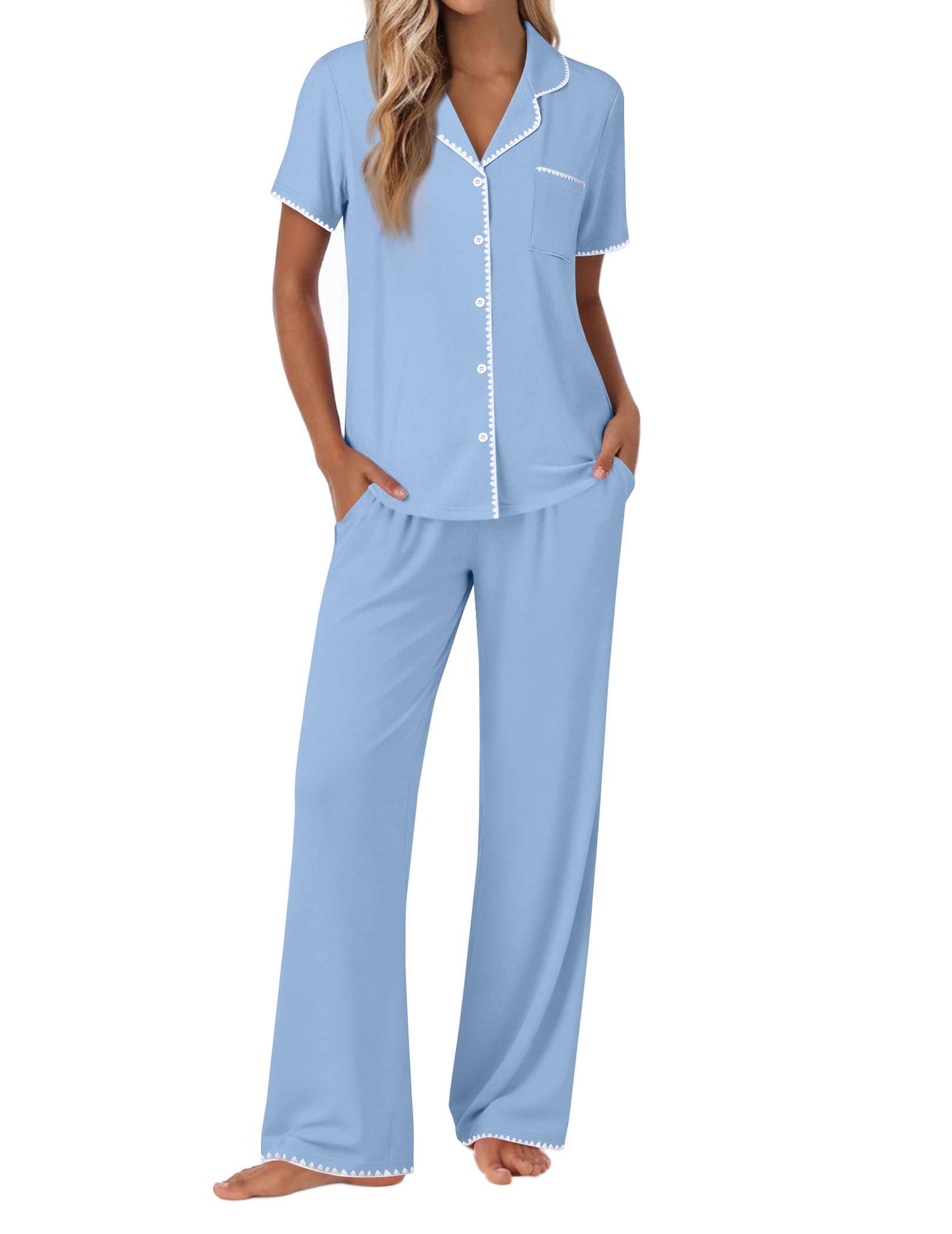Ekouaer Pajamas for Women Set Button Up Soft Pjs Short Sleeve Lounge Sets