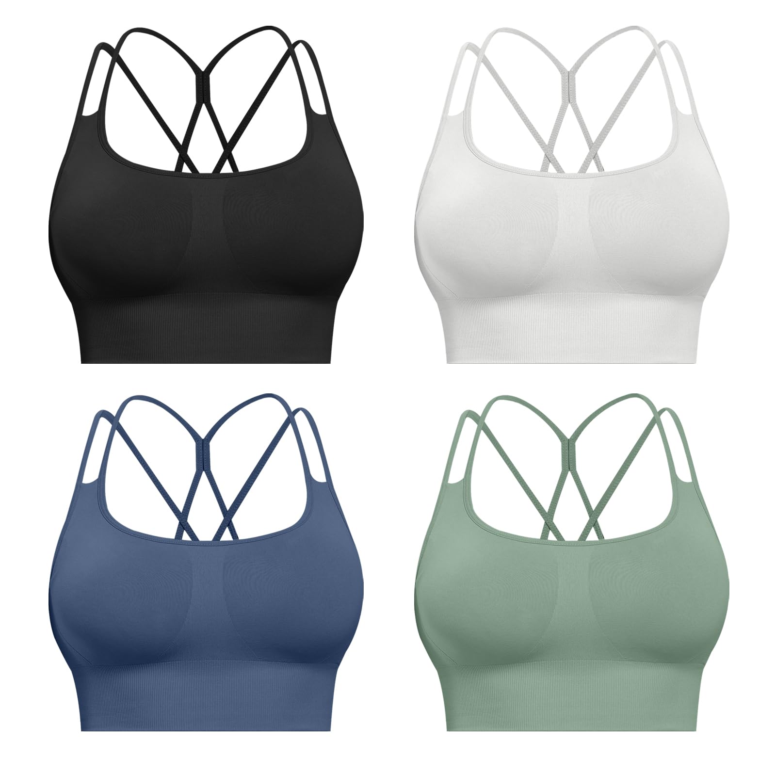 CHRLEISURE Sports Bras for Women, 4 Packs Padded High Support Workout Yoga Seamless Criss-Cross Racerback Bras