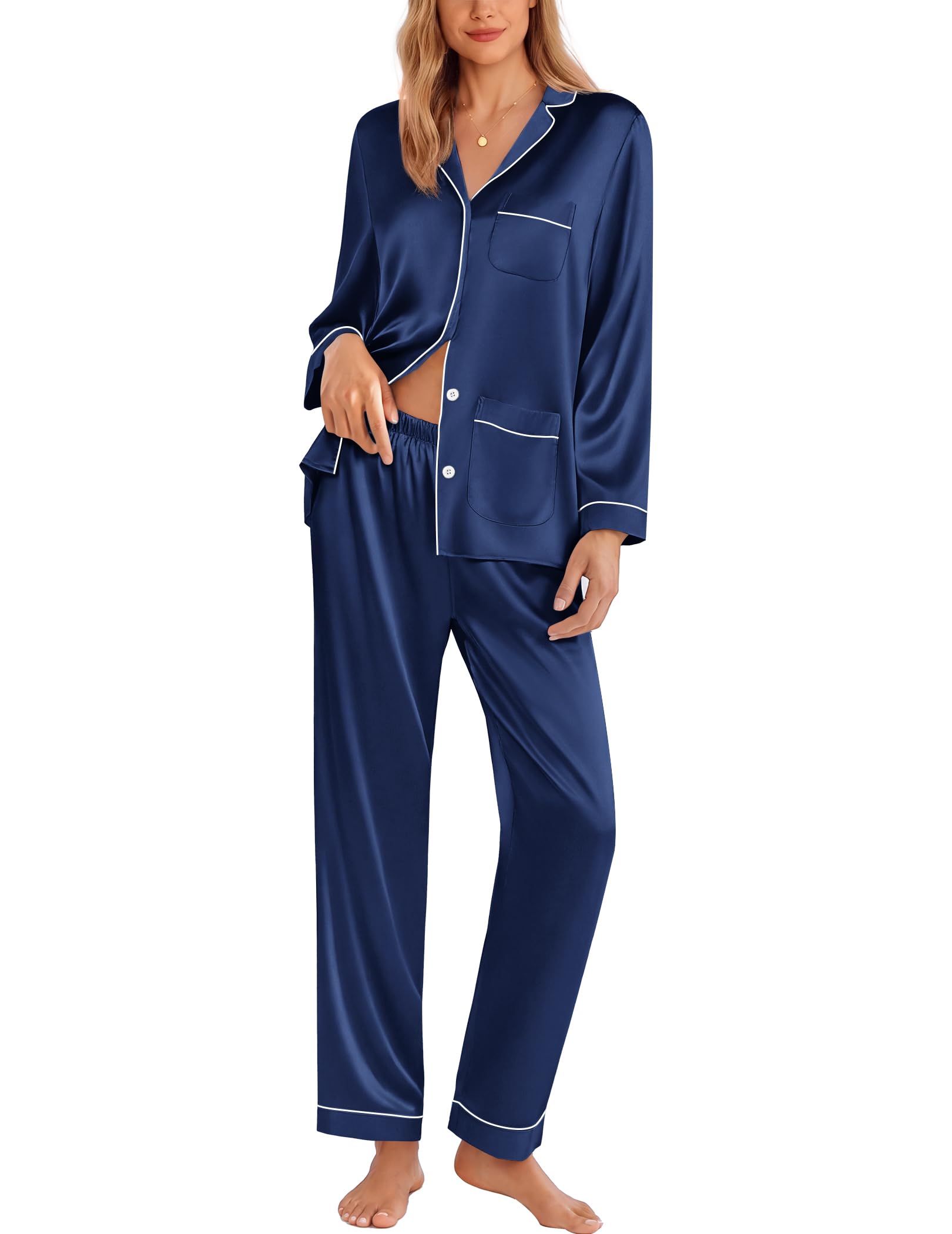 Ekouaer Pajamas for Women Silk Satin Button Down Long Sleeve Pajama Sets