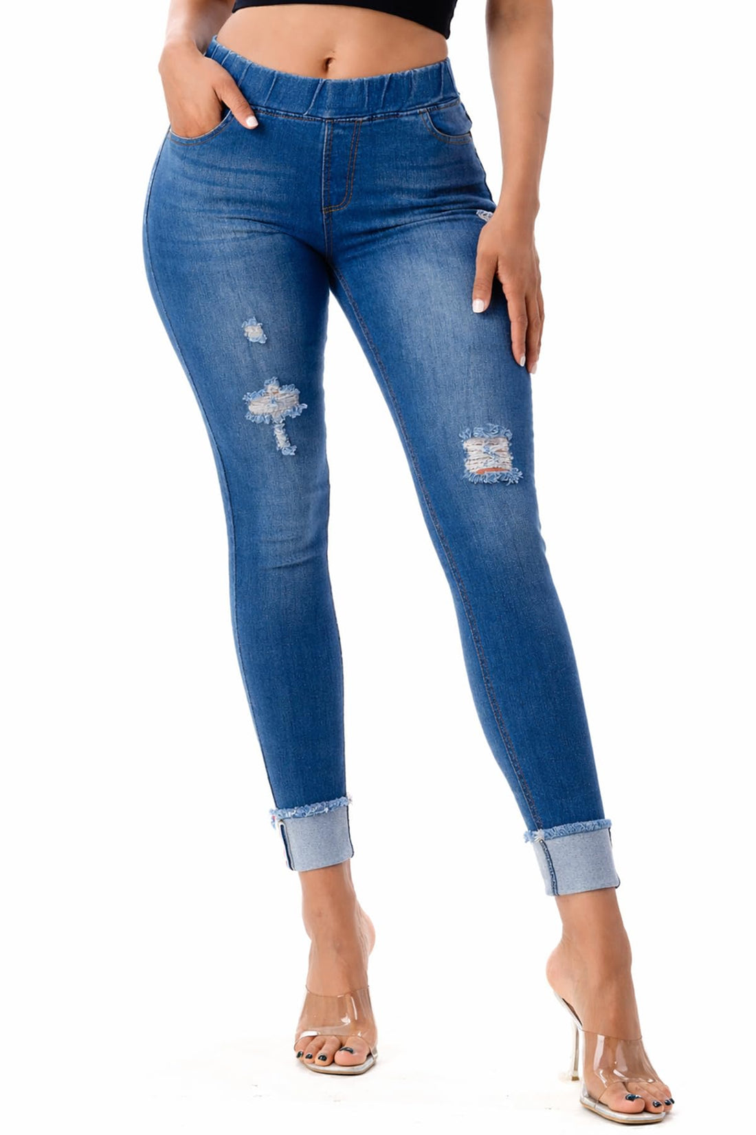 Jvini Women’s Stretch Denim Pull On Jeans with Pockets – Ripped Distressed Elastic Waist Jeggings Skinny Denim Pants