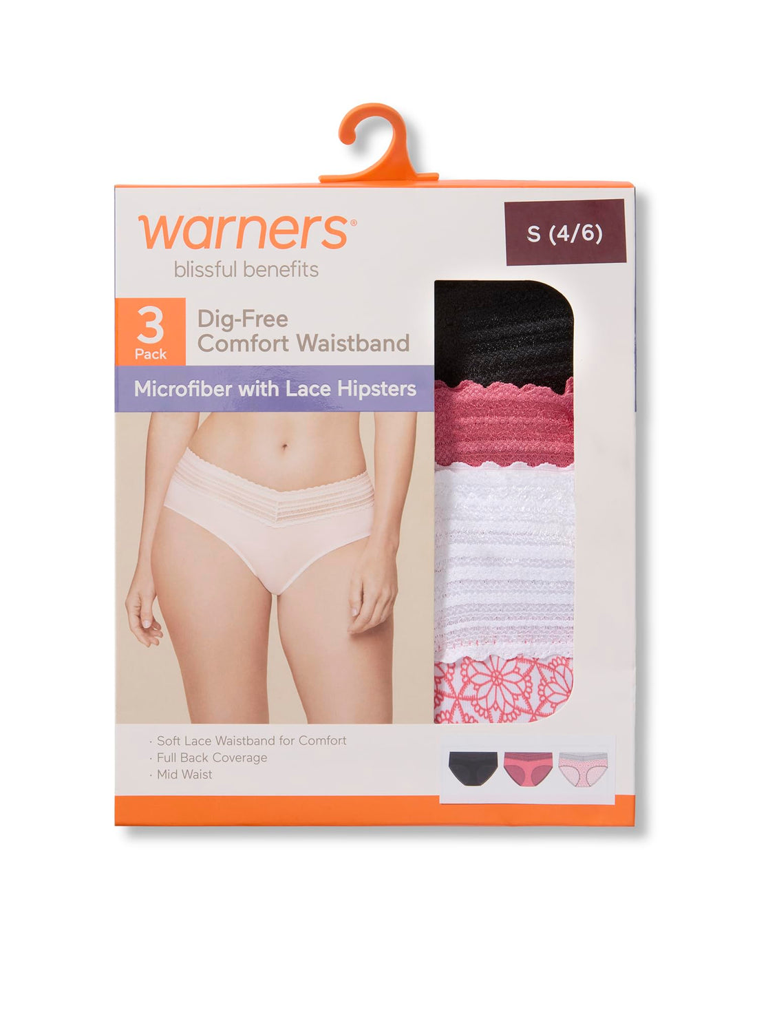 Warner's Women's Blissful Benefits Women's Dig-free Microfiber Lace Hipster 3-pack