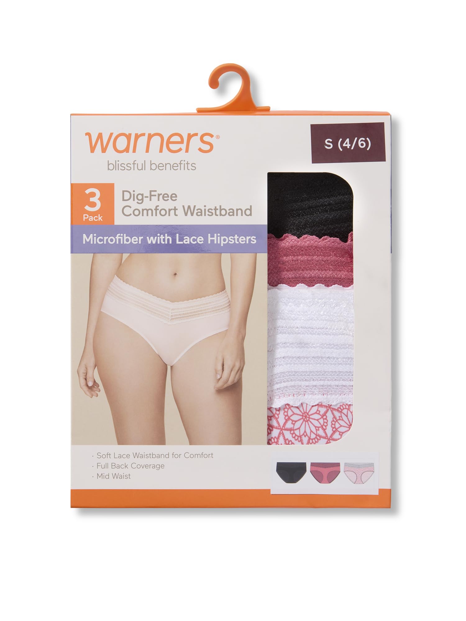 Warner's Women's Blissful Benefits Women's Dig-free Microfiber Lace Hipster 3-pack