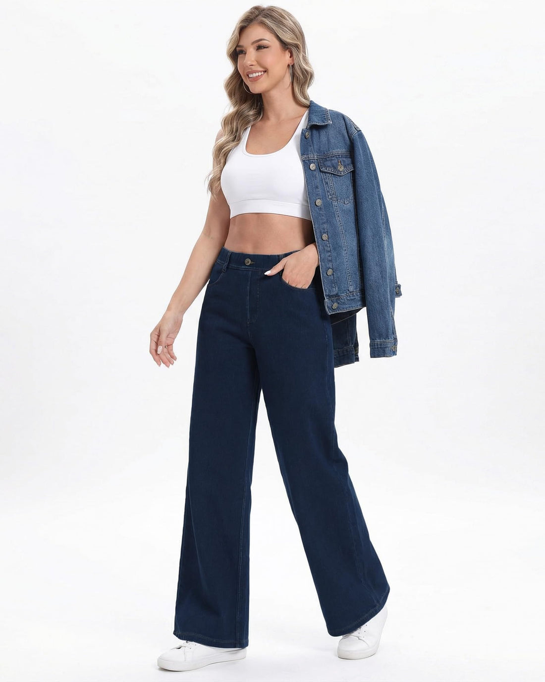 Pull On Jeans for Women Wide Leg High Waisted Stretch Baggy Jeans Casual Trendy Straight Denim Pants (with Plus Size)