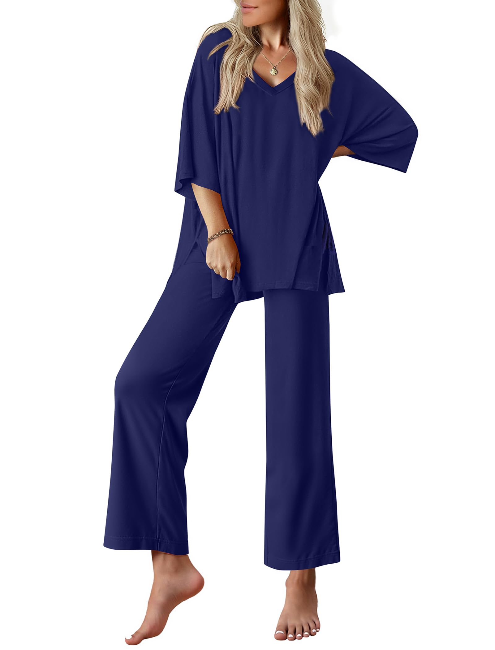 Ekouaer Lounge Sets for Women Short Sleeve Tops and Long Pants Pajamas Set