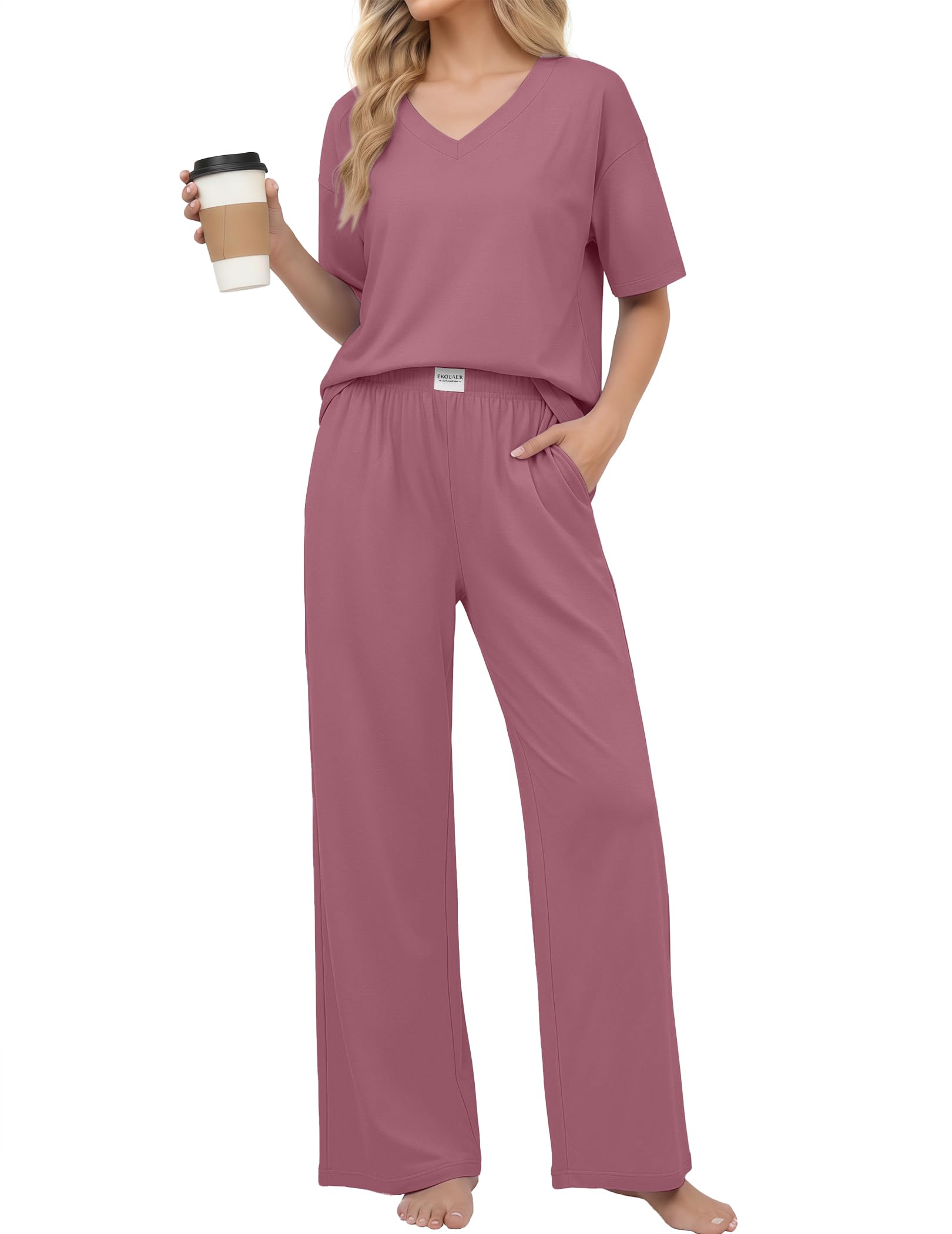 Ekouaer Womens Pajama Sets Cotton Short Sleeve Long Pants Lounge Set