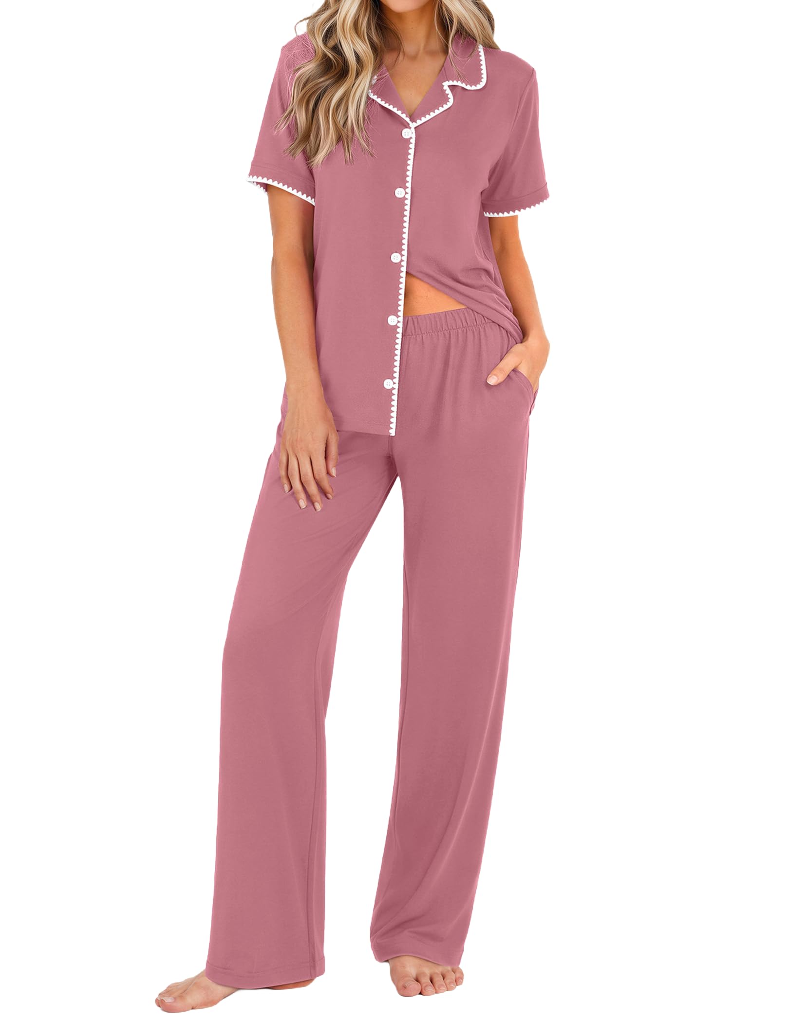 Ekouaer Womens Pajamas Set Button Down Loungewear Short Sleeve Pants Pjs