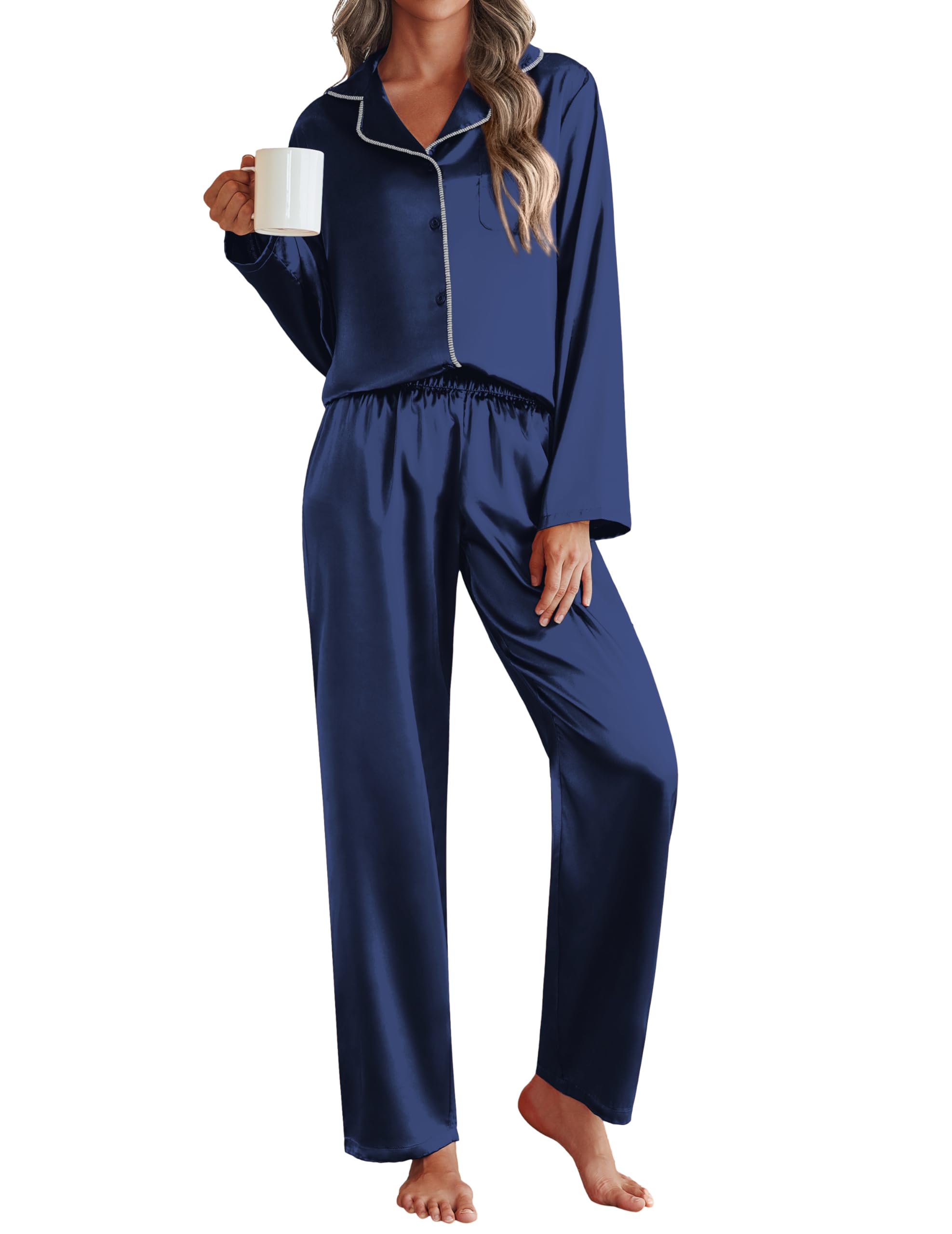 Ekouaer Pajamas For Women Silk Pjs Long Sleeve Button Down Lounge Sets
