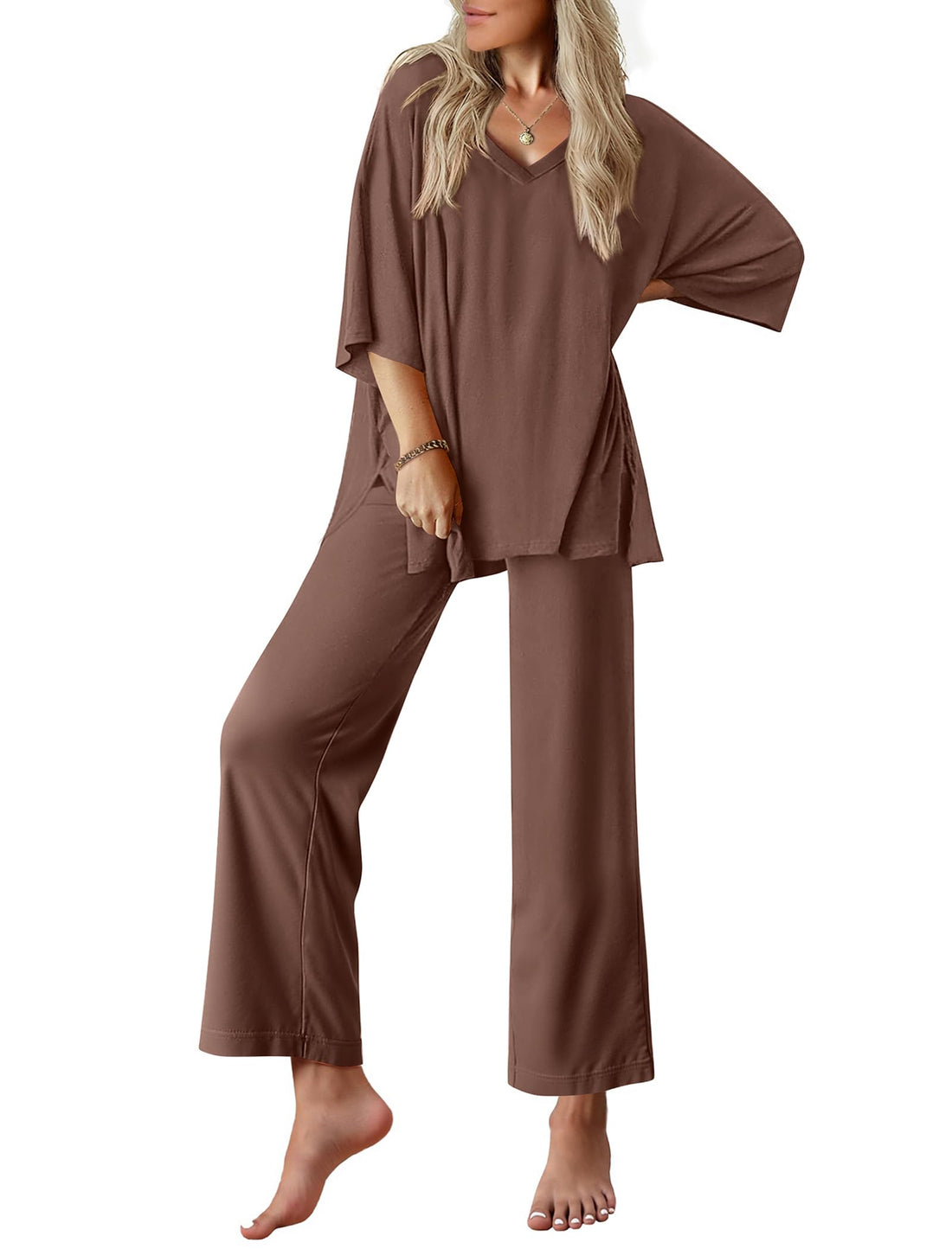 Ekouaer Lounge Sets for Women Short Sleeve Tops and Long Pants Pajamas Set