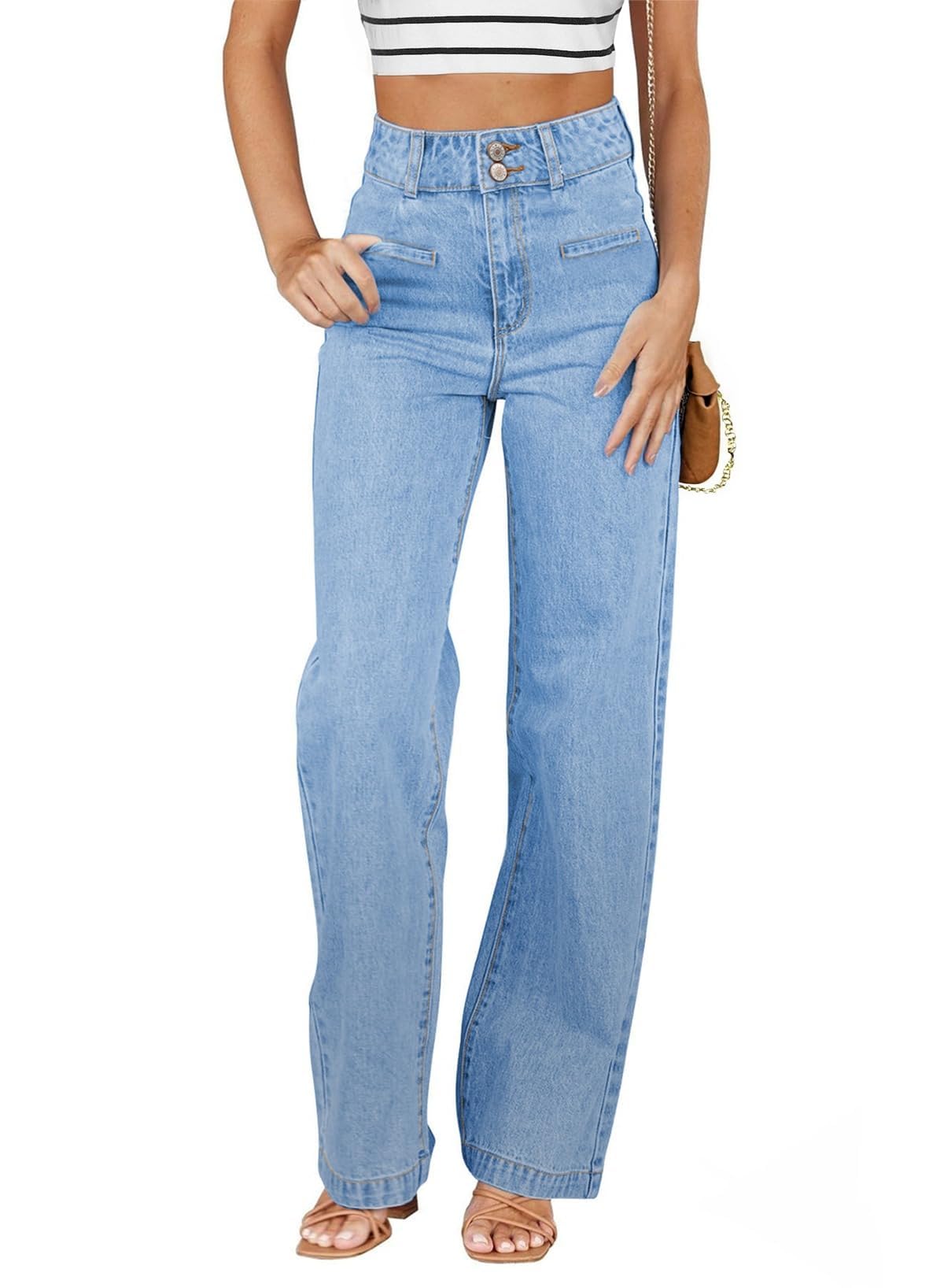 Sidefeel Women's Jeans High Waisted Straight Leg Stretchy Jeans Trendy Loose Wide Leg Zimbaplatinum Denim Pants with Pockets