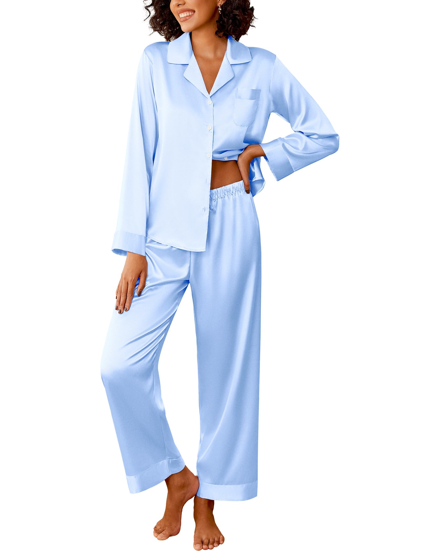Ekouaer Womens Silk Satin Pajama Sets 2 Piece Pjs Set Stripe Sleepwear