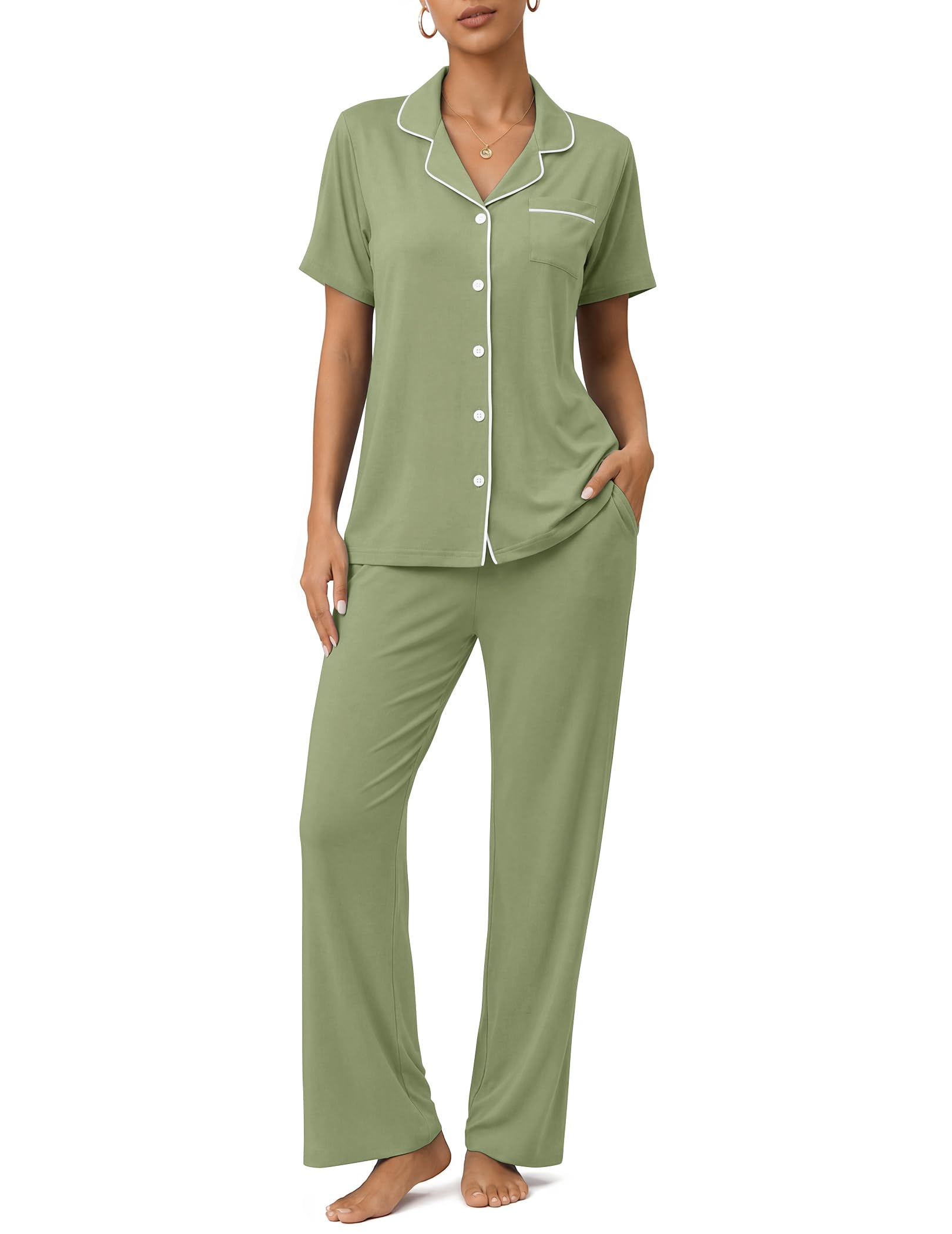 Womens Pajamas Sets 2 Piece Button Up Pj Sets Short Sleeve with Long Pant