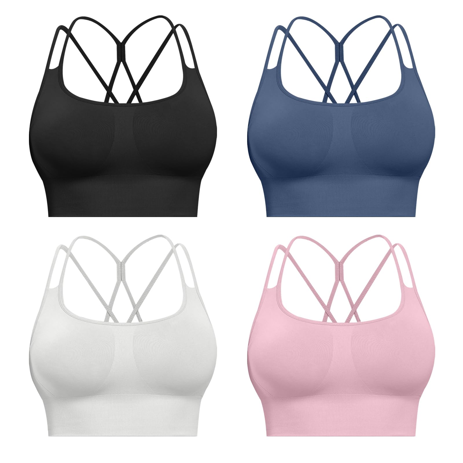 CHRLEISURE Sports Bras for Women, 4 Packs Padded High Support Workout Yoga Seamless Criss-Cross Racerback Bras