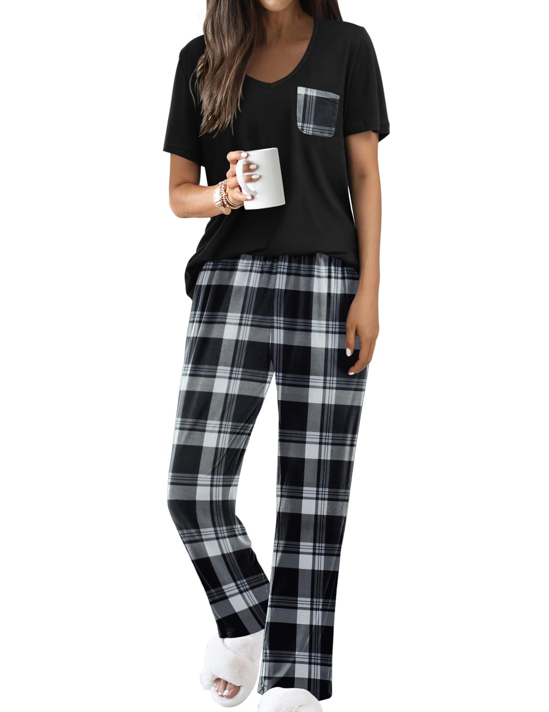 Ekouaer Pajama Sets for Women 2 Piece Short Sleeve Pj V Neck Chest Pocket