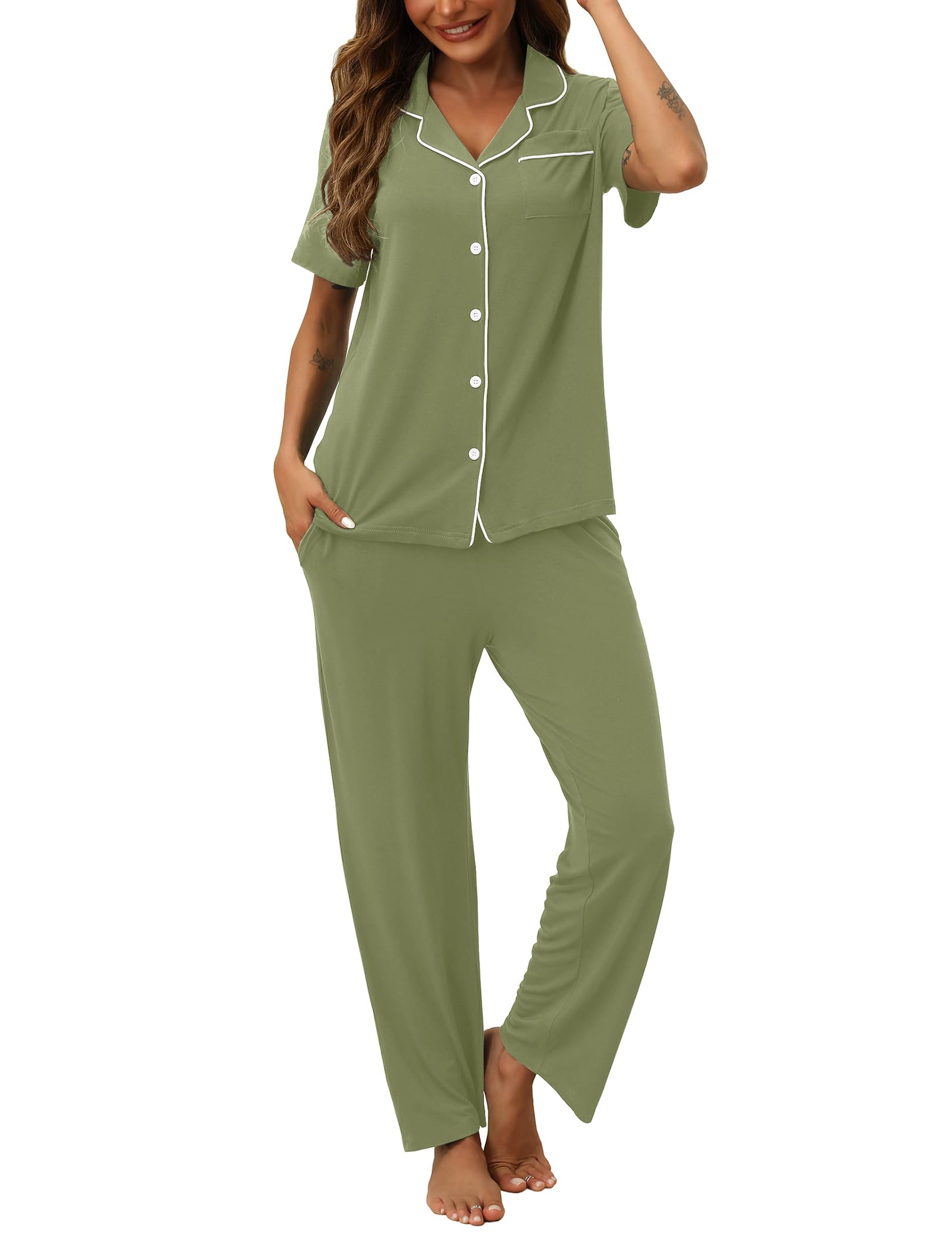 HNG Women Pajamas Set 2 Piece Button Up Pajamas Pant and Short Sleeve Shirt for Woman Pj Sets with Pocket