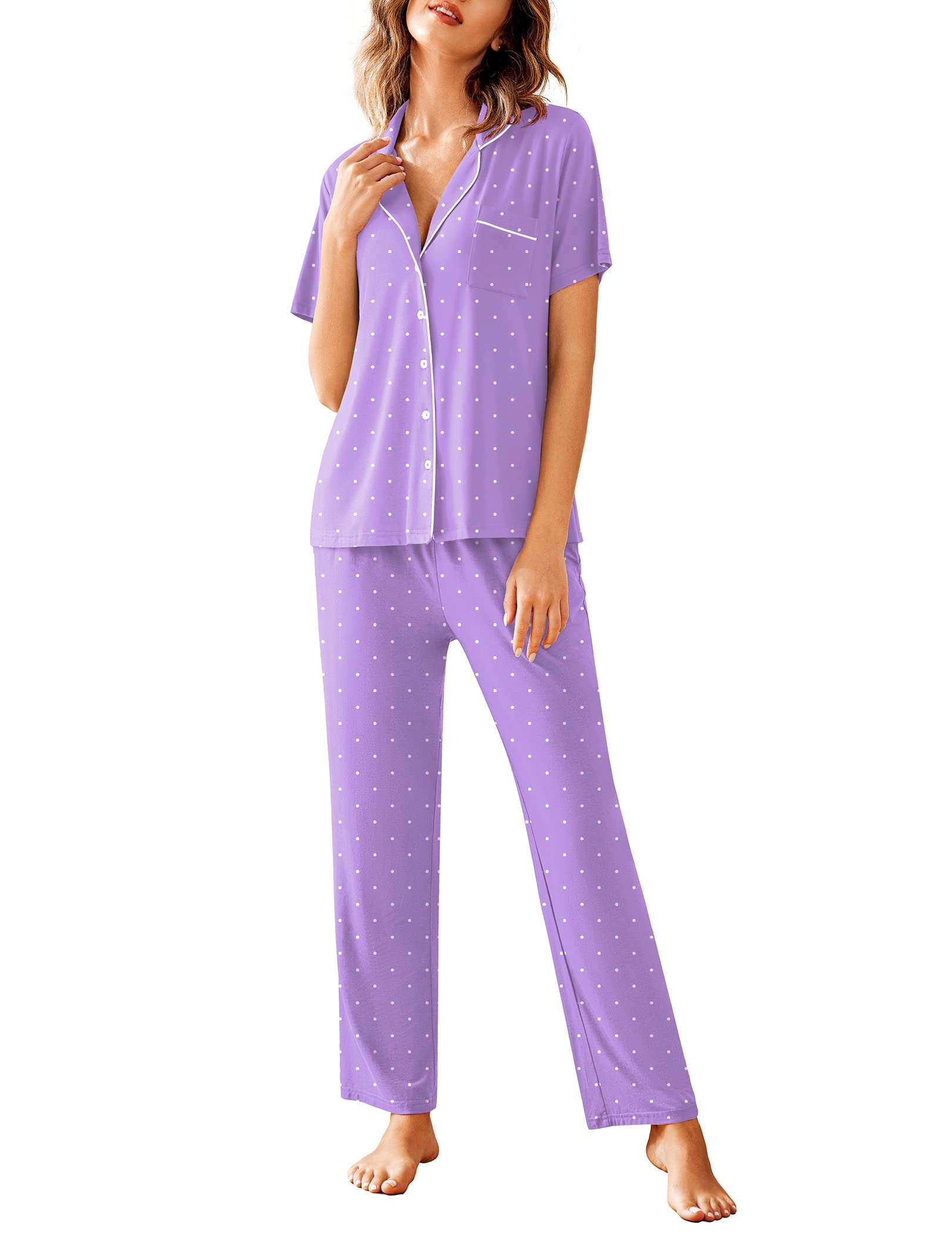 Avidlove Women Pajamas Set Notch Collar Soft Sleepwear Pjs Short Sleeve Button Down Nightwear with Long Pants