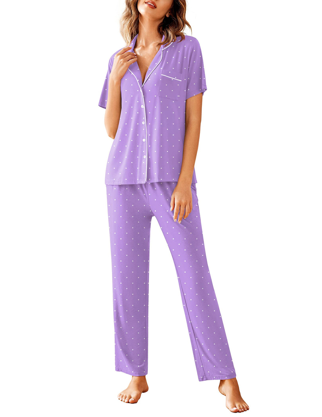 Avidlove Women Pajamas Set Notch Collar Soft Sleepwear Pjs Short Sleeve Button Down Nightwear with Long Pants
