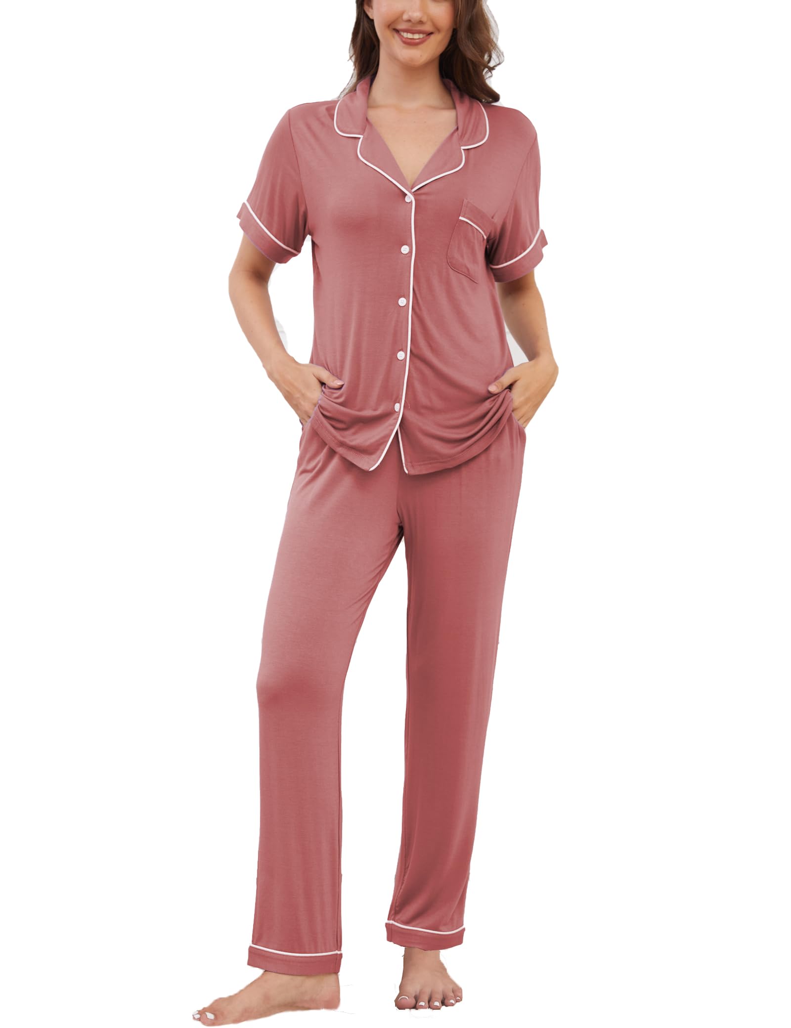 Womens Pajama Set Soft Pjs Short Sleeve Sleepwear with Long Pants 2 Piece Lounge Sets S-XXL