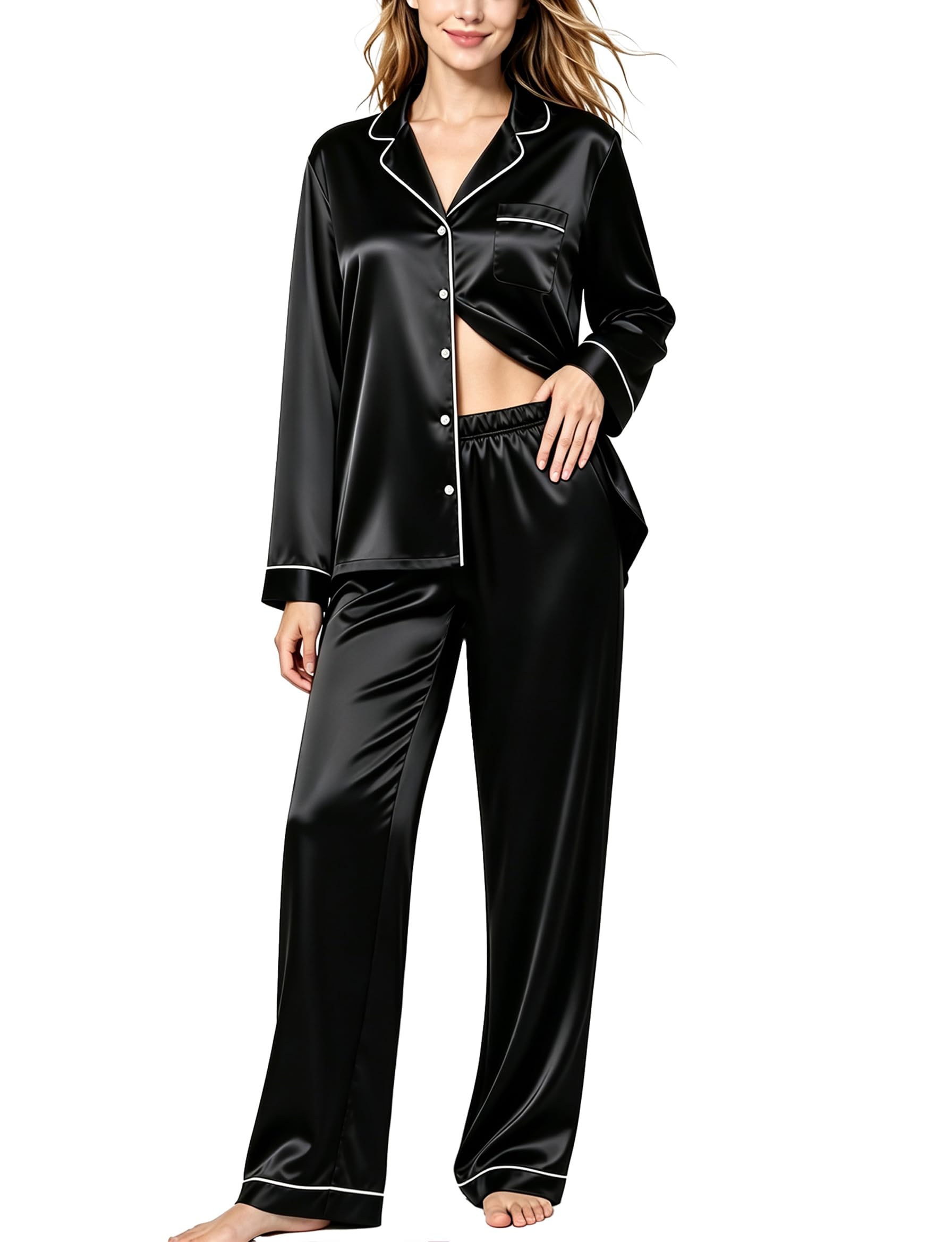 SWOMOG Womens Silk Satin Pajamas Set Long Sleeve Button Down Sleepwear 2 Piece Lounge Set Pj Set XS-3XL