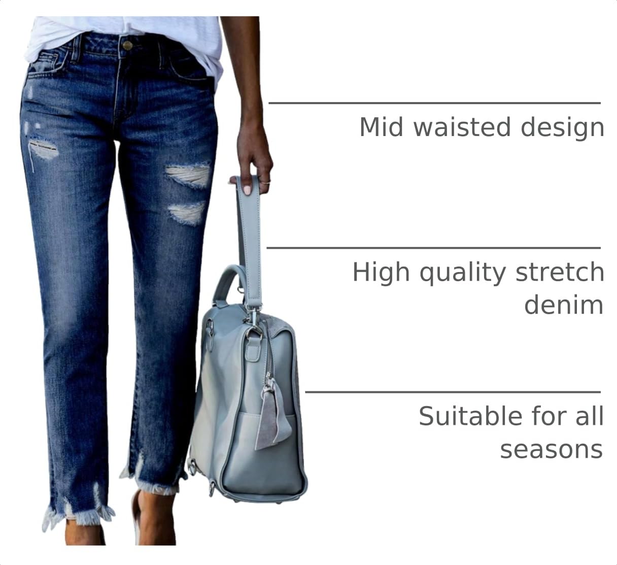 EVALESS Women's High Waisted Tummy Control Straight Ankle Ripped Jeans