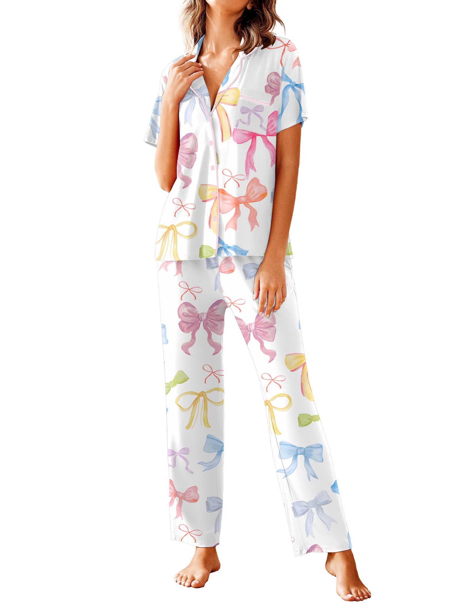 Avidlove Women Pajamas Set Notch Collar Soft Sleepwear Pjs Short Sleeve Button Down Nightwear with Long Pants