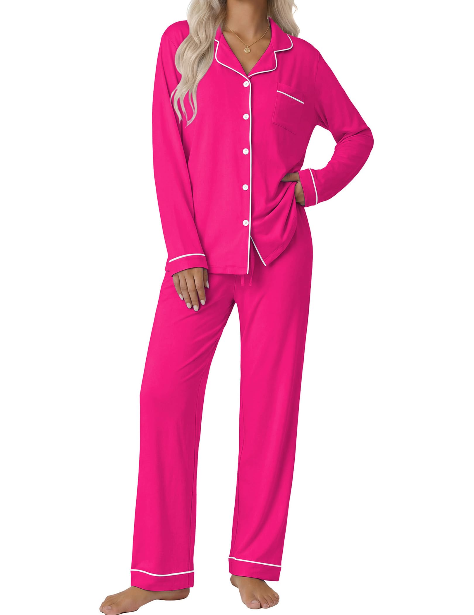 Ekouaer Women's Classic Long Sleeve Button Down Pajama Set