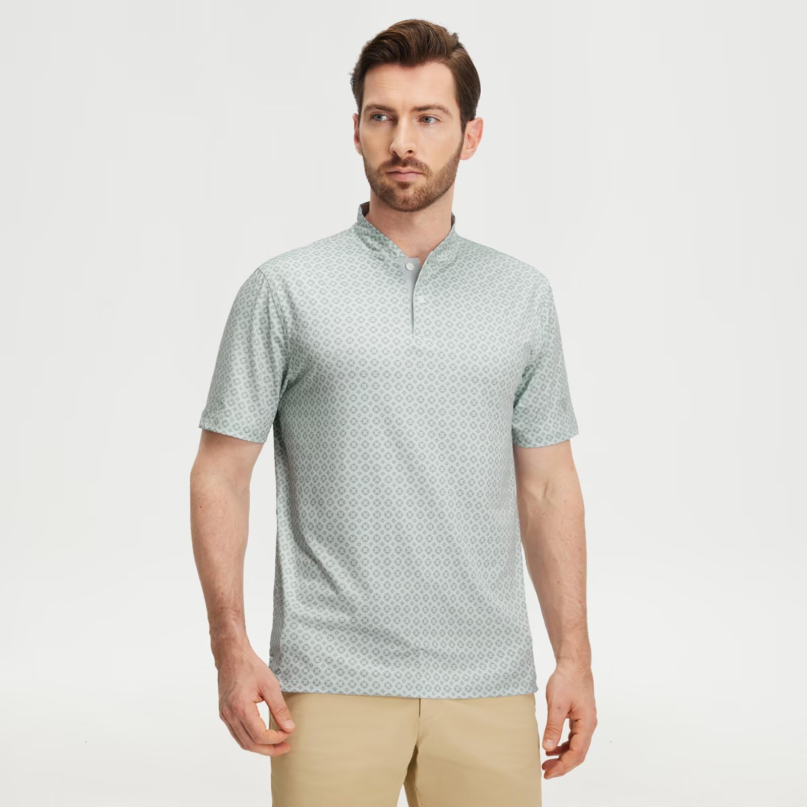 M MAELREG Golf Shirts for Men Collarless Performance Dry Fit Stretch Henley Casual Printed Mens Polo Shirts Short Sleeve