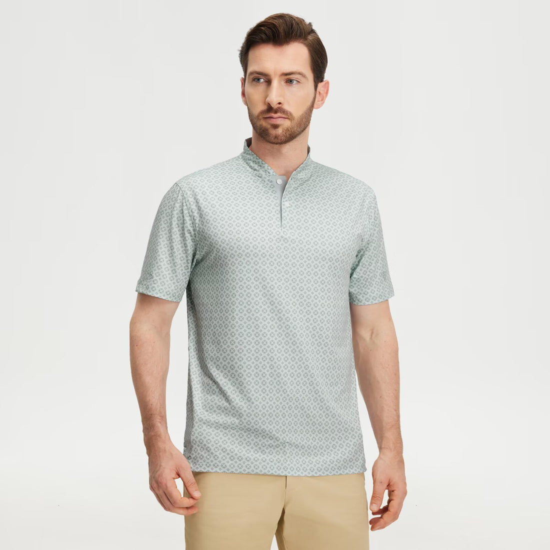 M MAELREG Golf Shirts for Men Collarless Performance Dry Fit Stretch Henley Casual Printed Mens Polo Shirts Short Sleeve