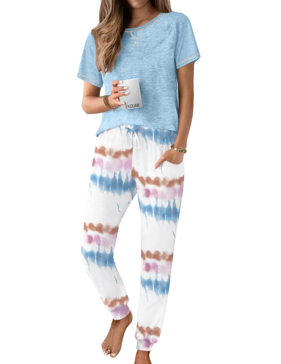 Ekouaer Pajamas for Women Set Short Sleeve PJ Set 2 Piece Jogger Pants