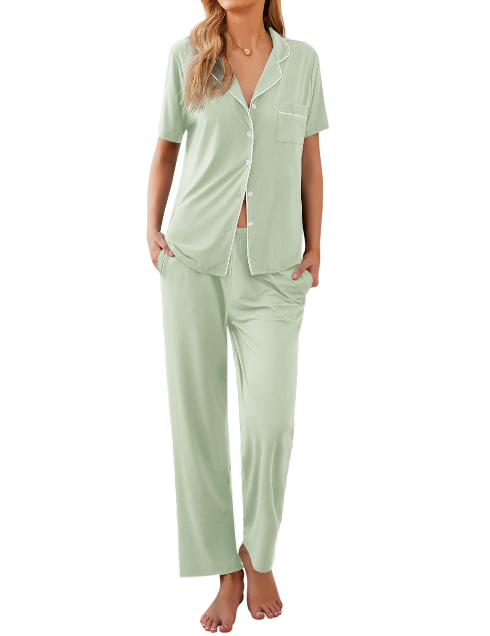 Ekouaer Womens Pajamas Set Short Sleeve Button Down Top & Pants Lounge Pjs