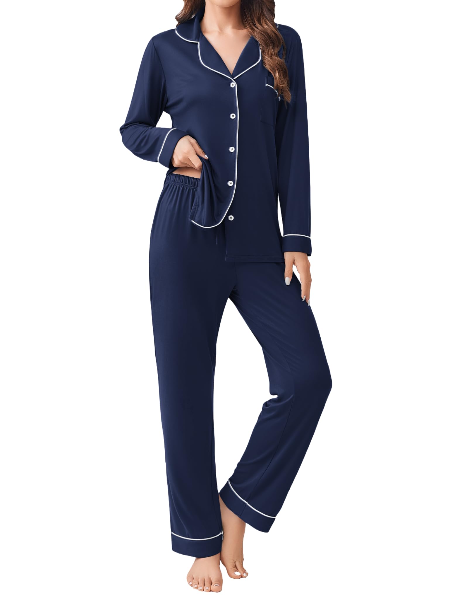 Ekouaer Womens Pajamas Set Button Down Long Sleeve Top & Pants Lounge Sets