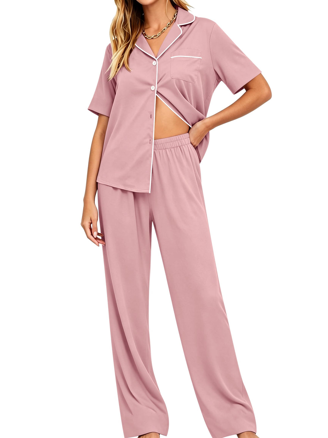 SWOMOG Women Pajama Sets Two-Piece Nightwear Short Sleeve Sleepwear Button Down Pj Lounge Sets with Long Pants