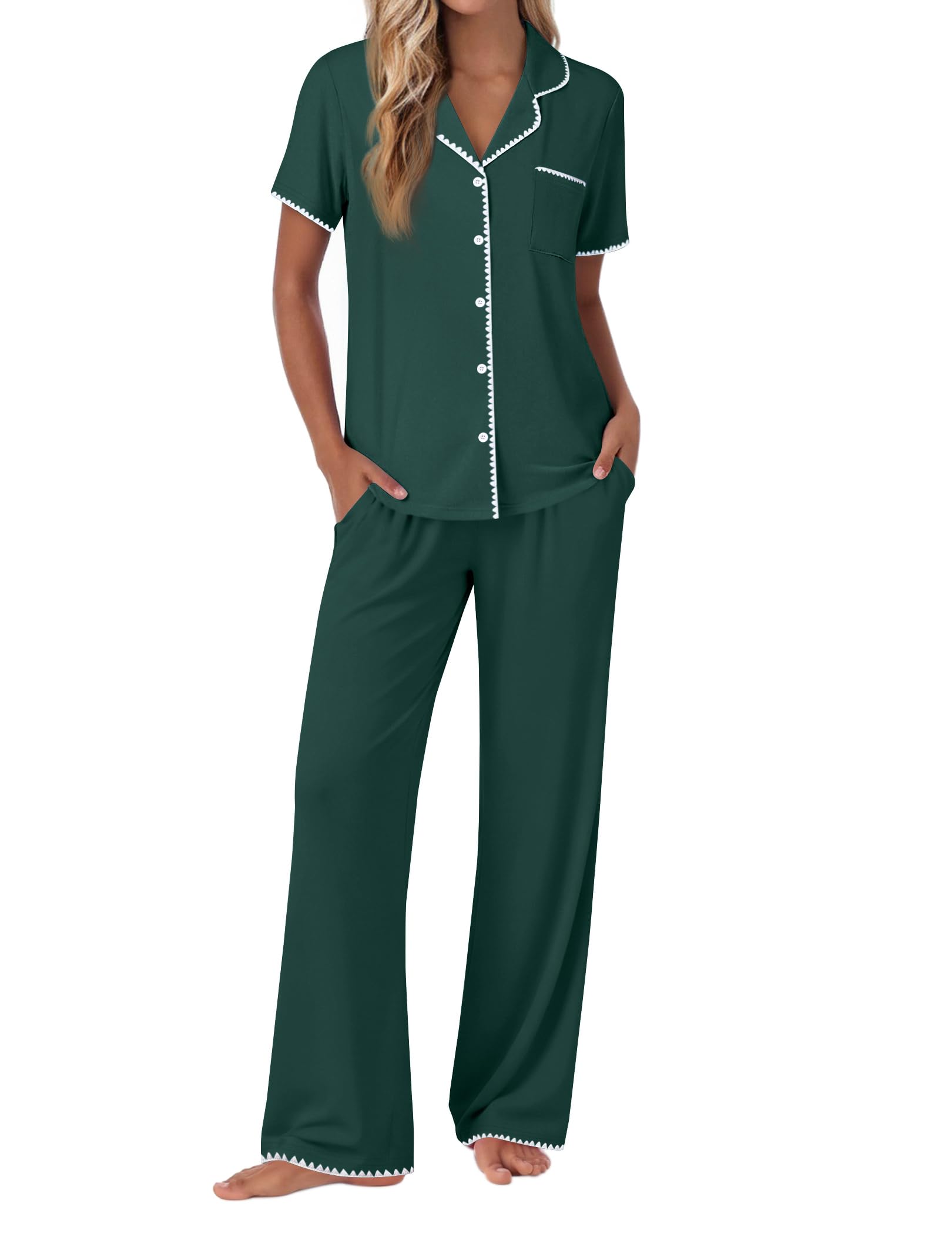 Ekouaer Pajamas for Women Set Button Up Soft Pjs Short Sleeve Lounge Sets