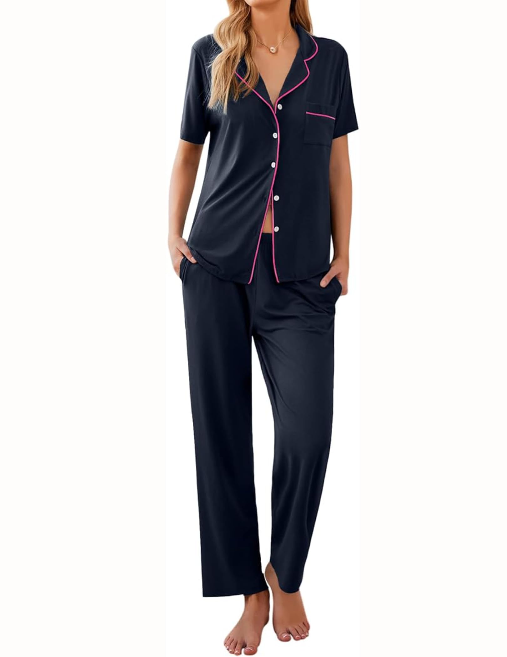 Ekouaer Womens Pajamas Set Short Sleeve Button Down Top & Pants Lounge Pjs