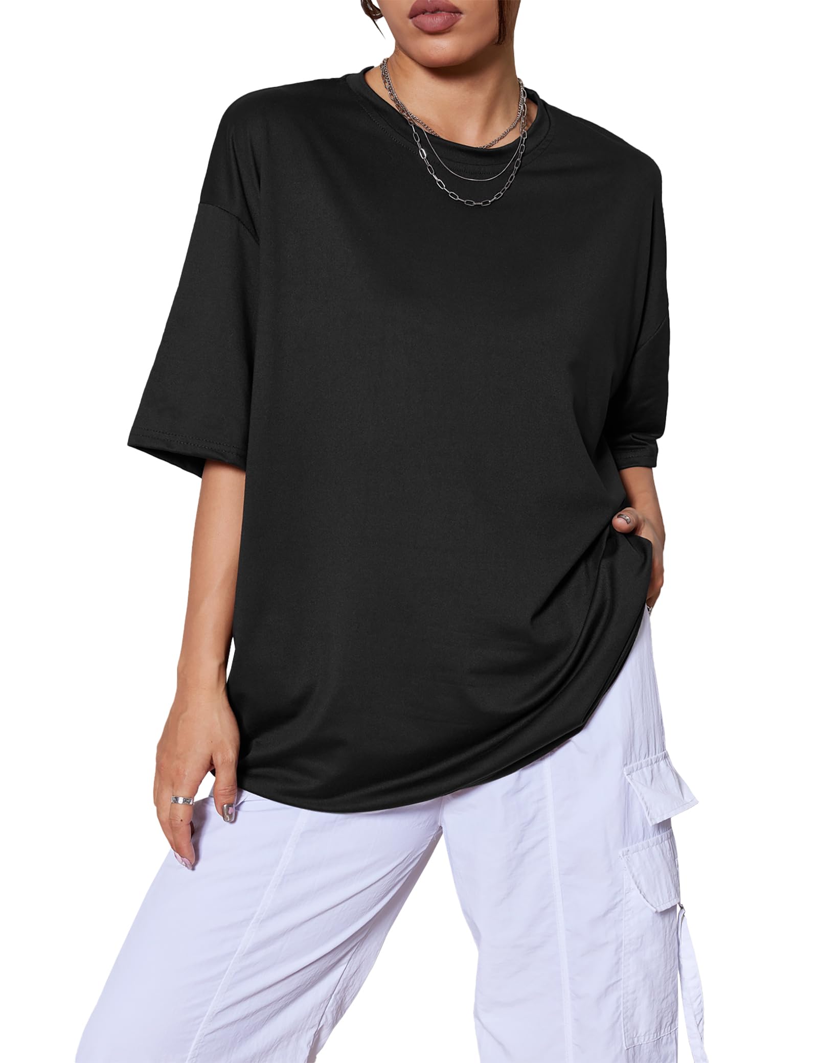 Kinglaman 5 Pack Womens Oversized T Shirts Crew Neck Loose Fit Short Sleeve Tshirts Summer Workout Plus Size Tee Tops