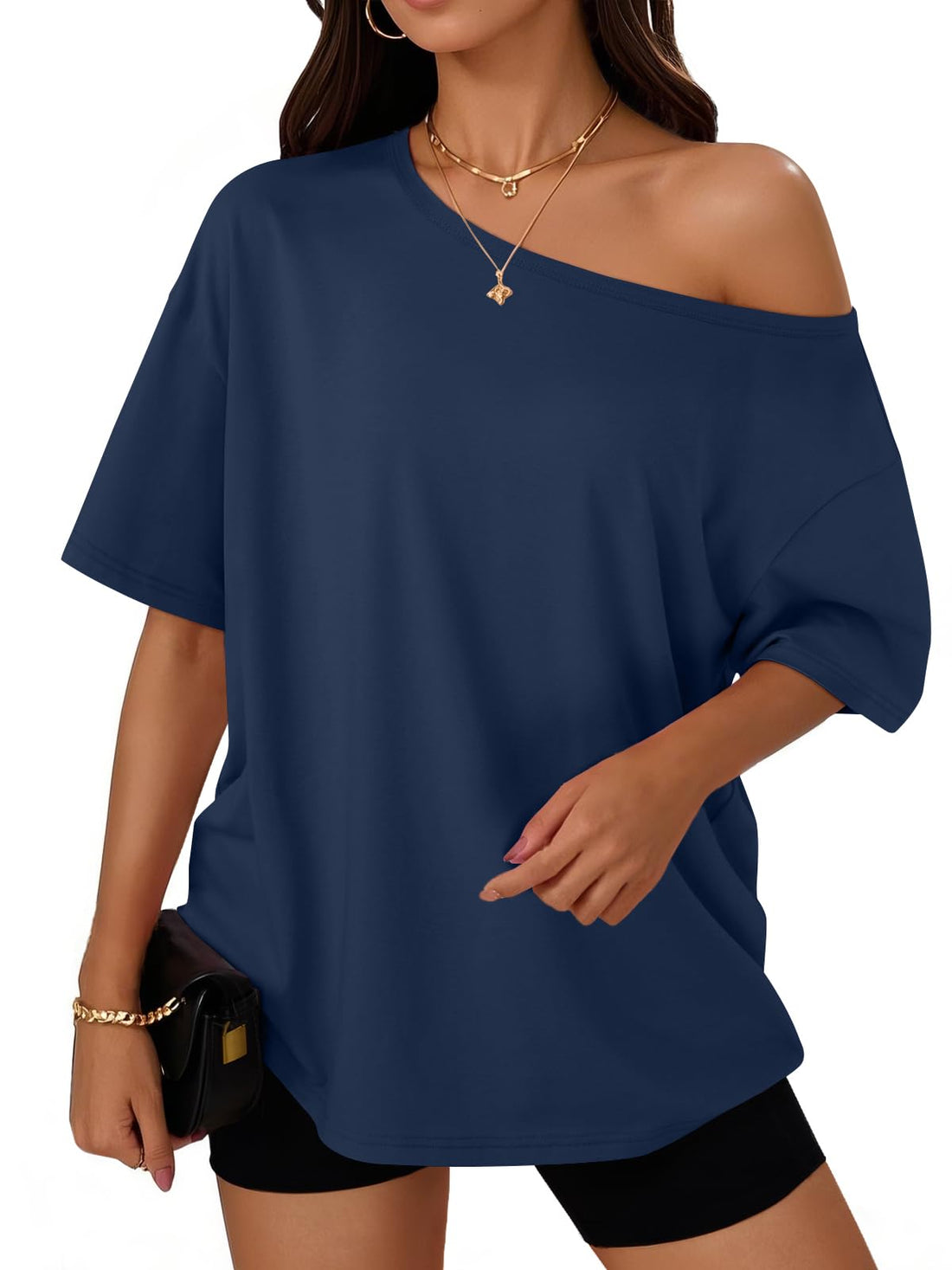 Trendy Queen Womens Off the Shoulder Tops Oversized Summer T-Shirts 2026 | Breathable comfort stretch fabric, short sleeve, basic oversized tees, casual workout gym, y2k going out clothes