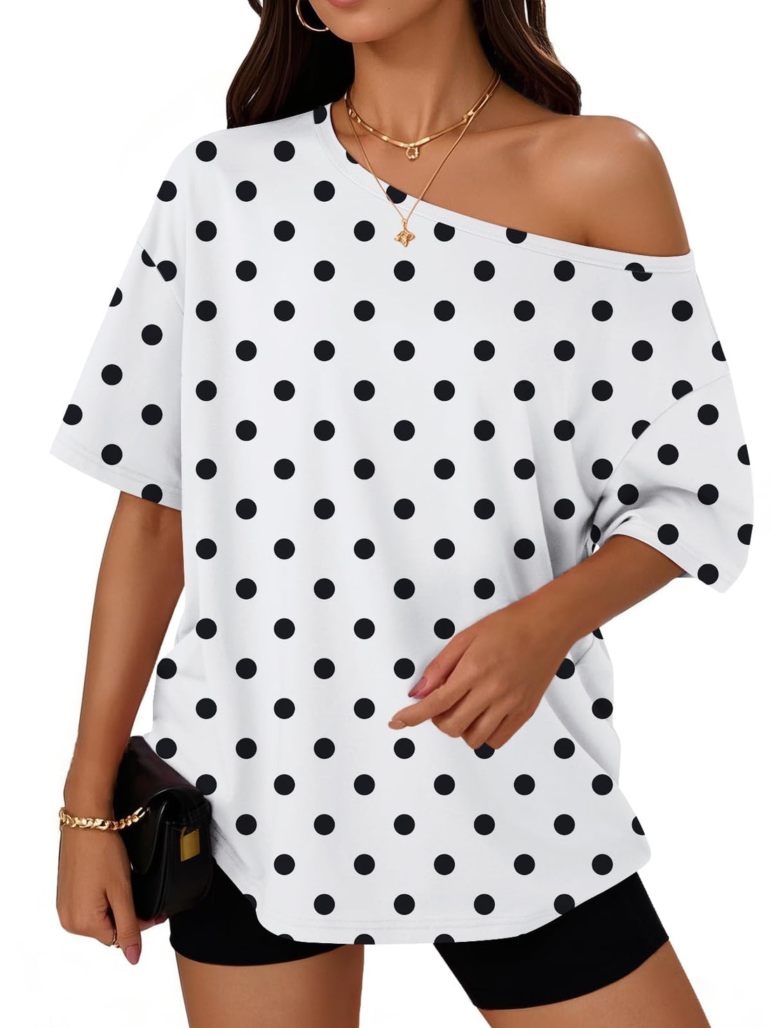 Trendy Queen Womens Off the Shoulder Tops Oversized Summer T-Shirts 2026 | Breathable comfort stretch fabric, short sleeve, basic oversized tees, casual workout gym, y2k going out clothes