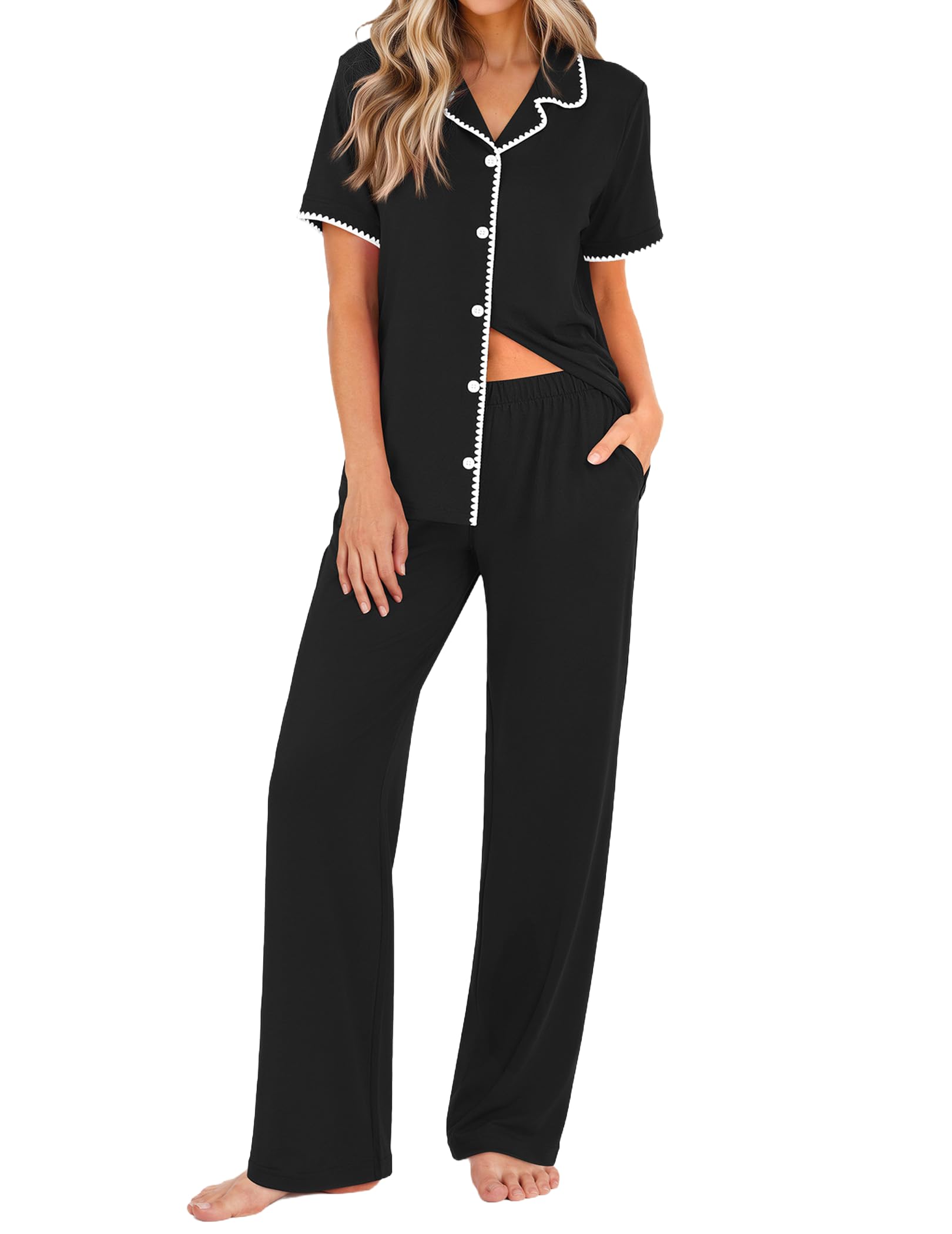 Ekouaer Womens Pajamas Set Button Down Loungewear Short Sleeve Pants Pjs